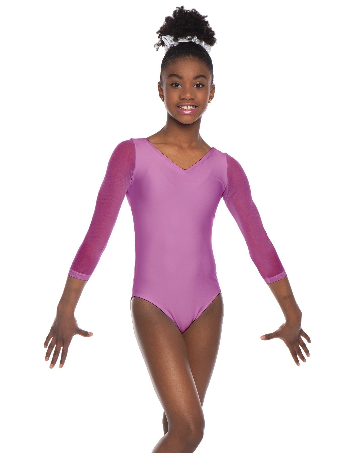 Solid Lycra Mesh 3/4 Sleeve V-Neck Leotard Gymnastics