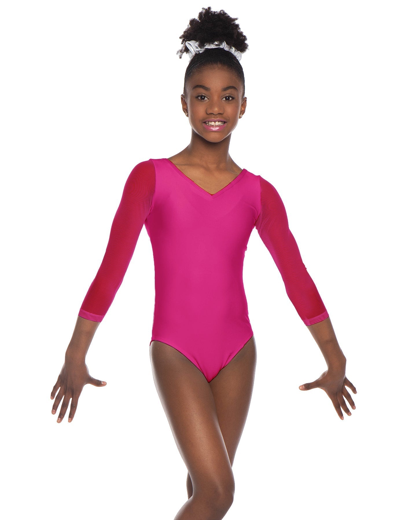 Solid Lycra Mesh 3/4 Sleeve V-Neck Leotard Gymnastics
