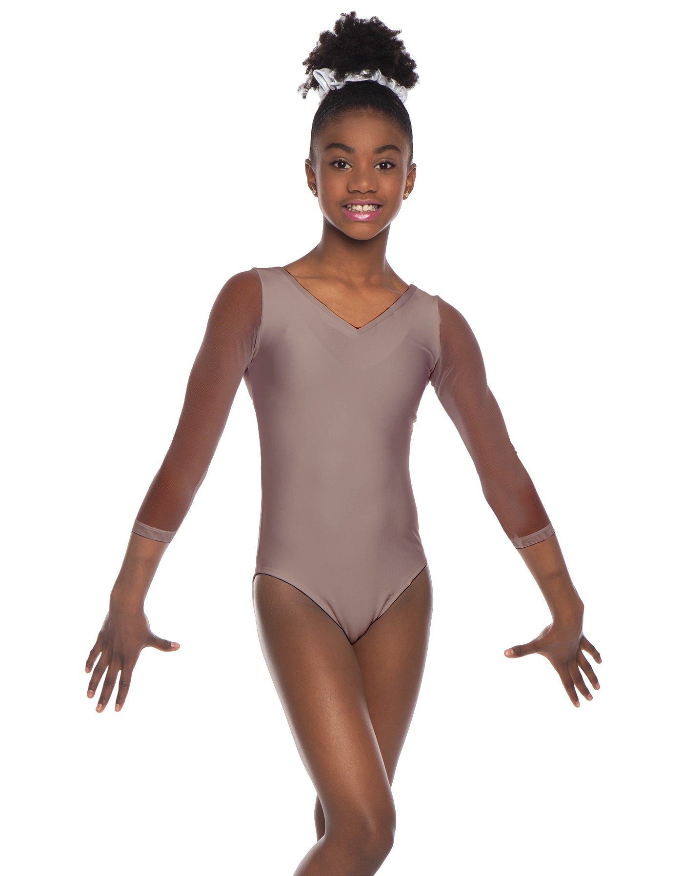 Solid Lycra Mesh 3/4 Sleeve V-Neck Leotard Gymnastics