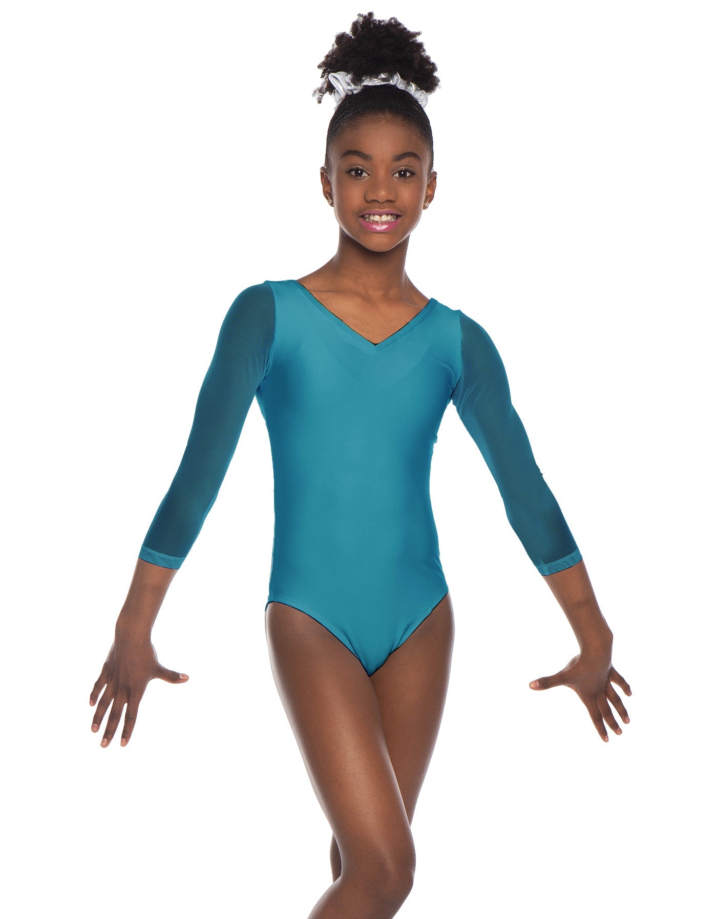 Solid Lycra Mesh 3/4 Sleeve V-Neck Leotard Gymnastics