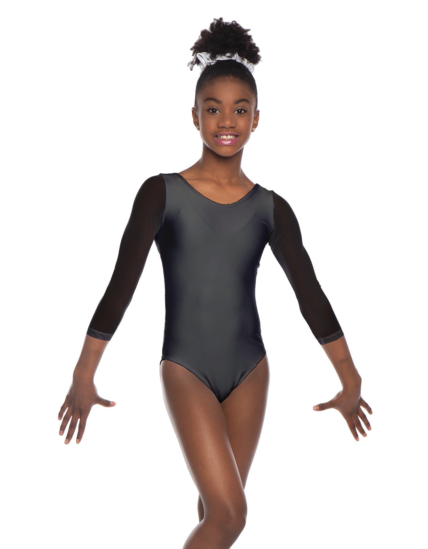 Solid Lycra Mesh 3/4 Sleeve Round Neck Leotard Gymnastics