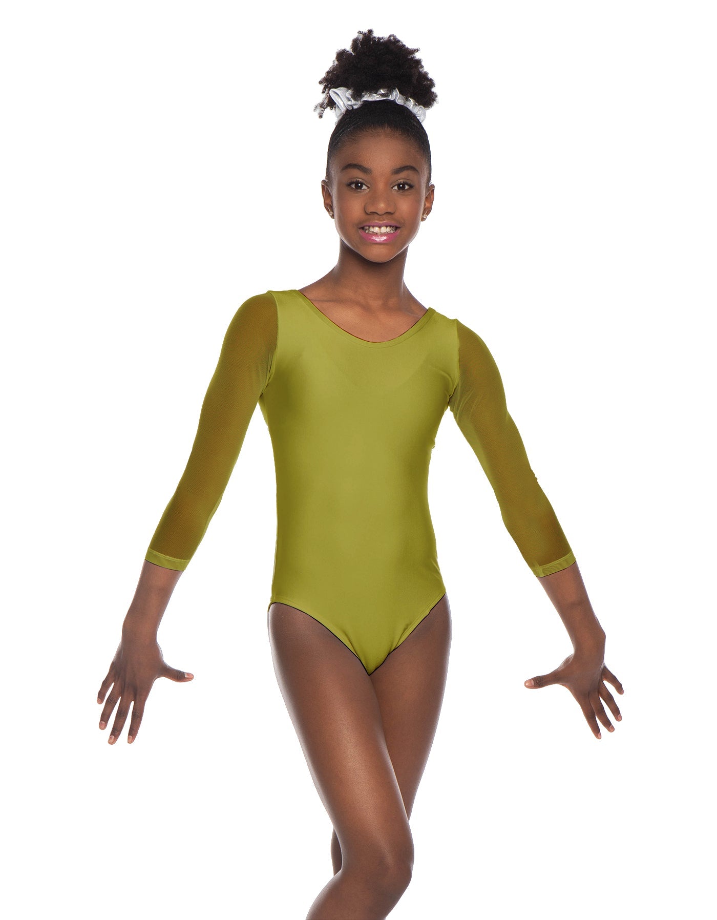 Solid Lycra Mesh 3/4 Sleeve Round Neck Leotard Gymnastics