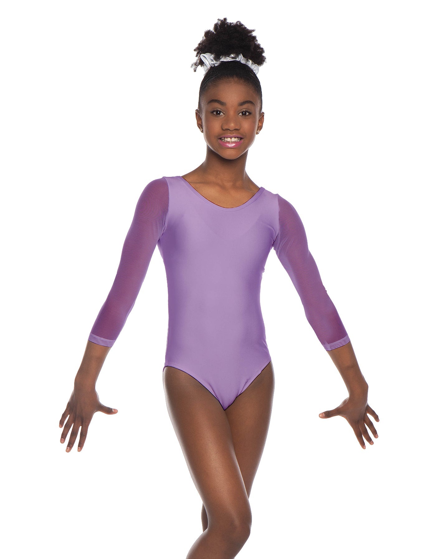 Solid Lycra Mesh 3/4 Sleeve Round Neck Leotard Gymnastics