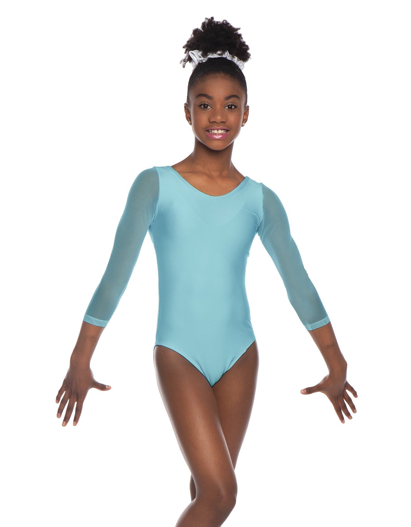 Solid Lycra Mesh 3/4 Sleeve Round Neck Leotard Gymnastics
