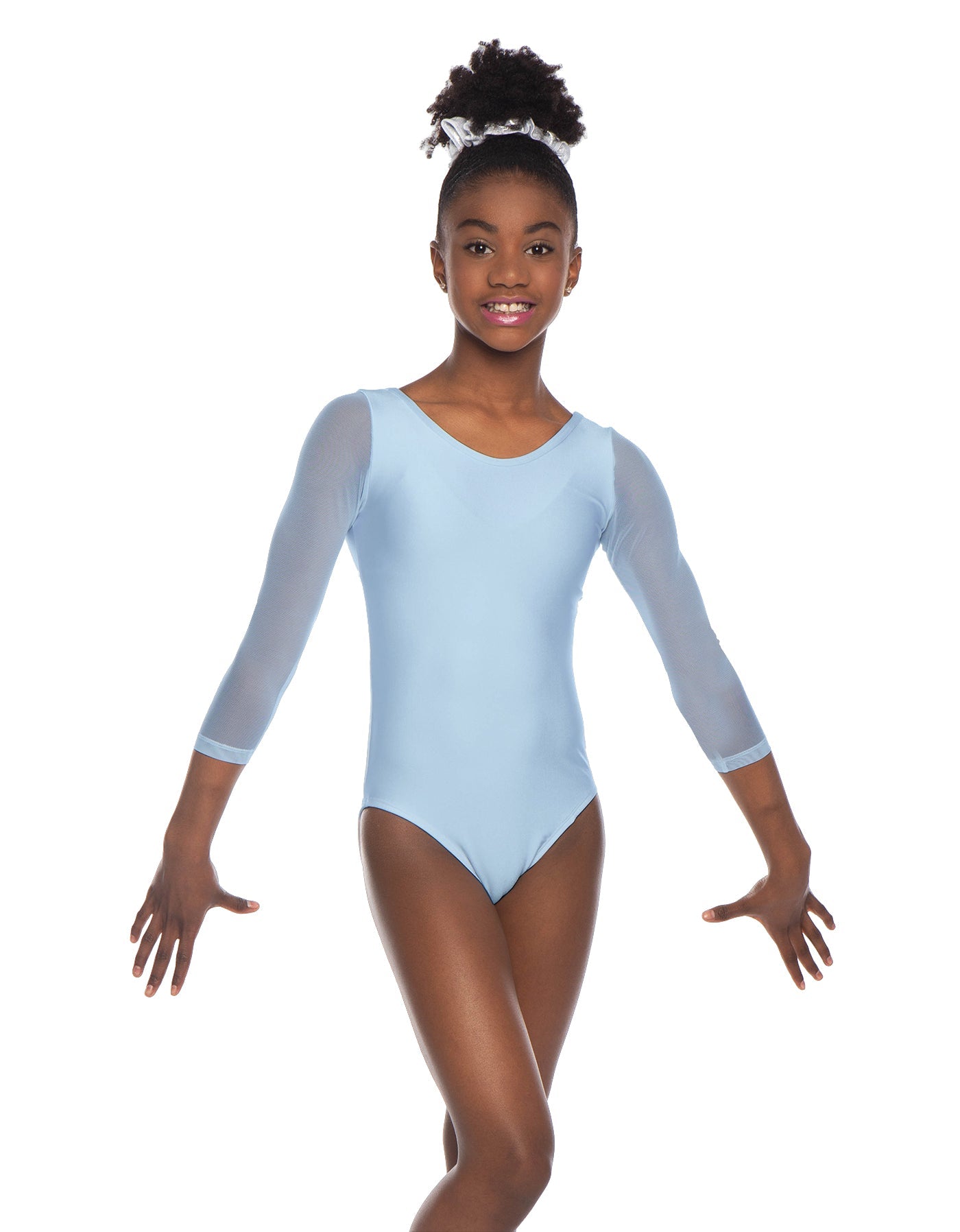 Solid Lycra Mesh 3/4 Sleeve Round Neck Leotard Gymnastics