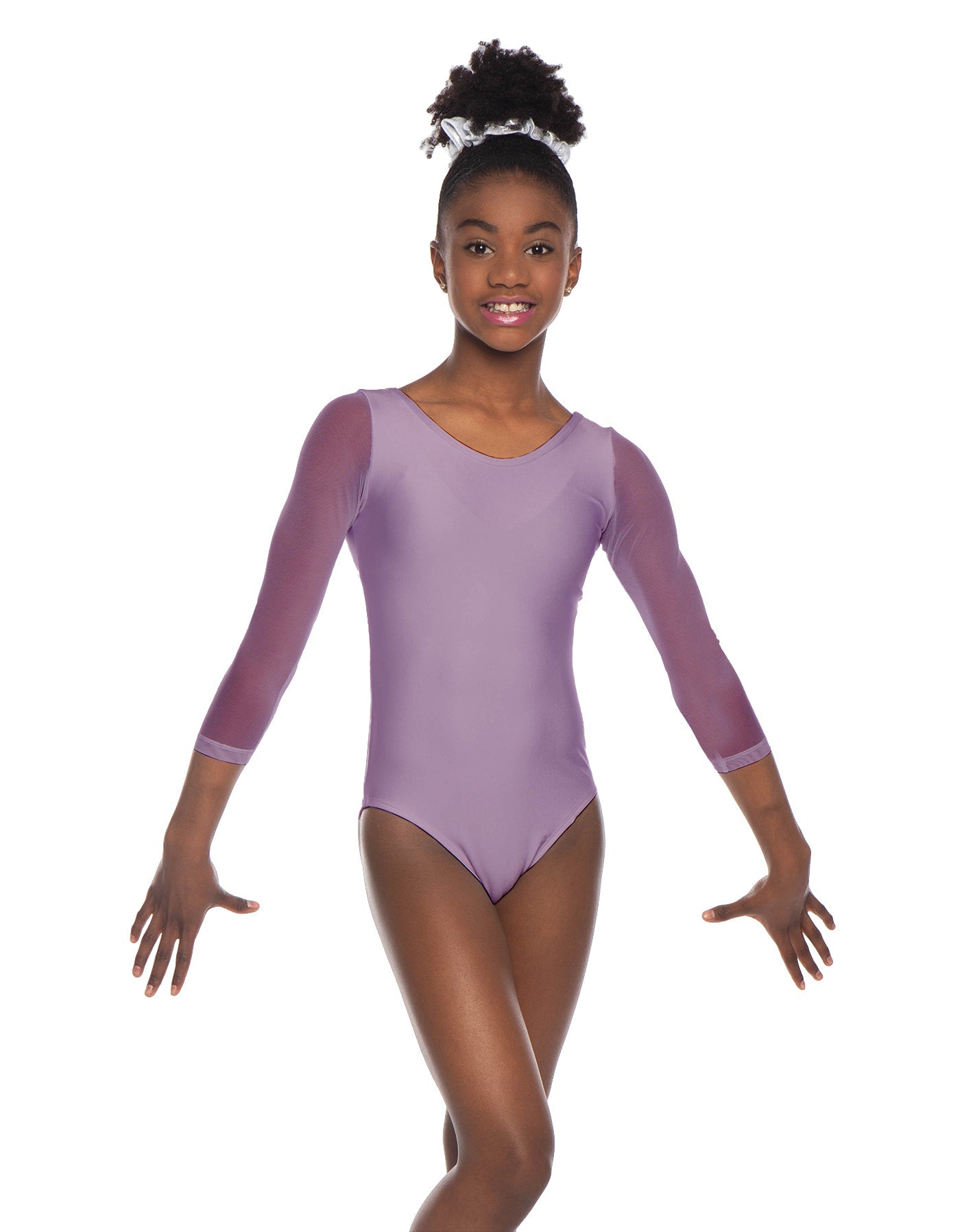 Solid Lycra Mesh 3/4 Sleeve Round Neck Leotard Gymnastics