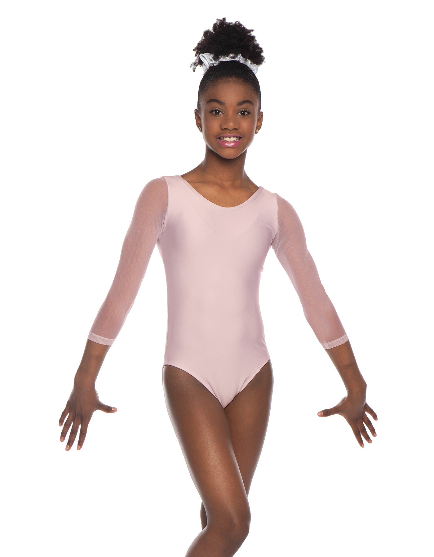 Solid Lycra Mesh 3/4 Sleeve Round Neck Leotard Gymnastics