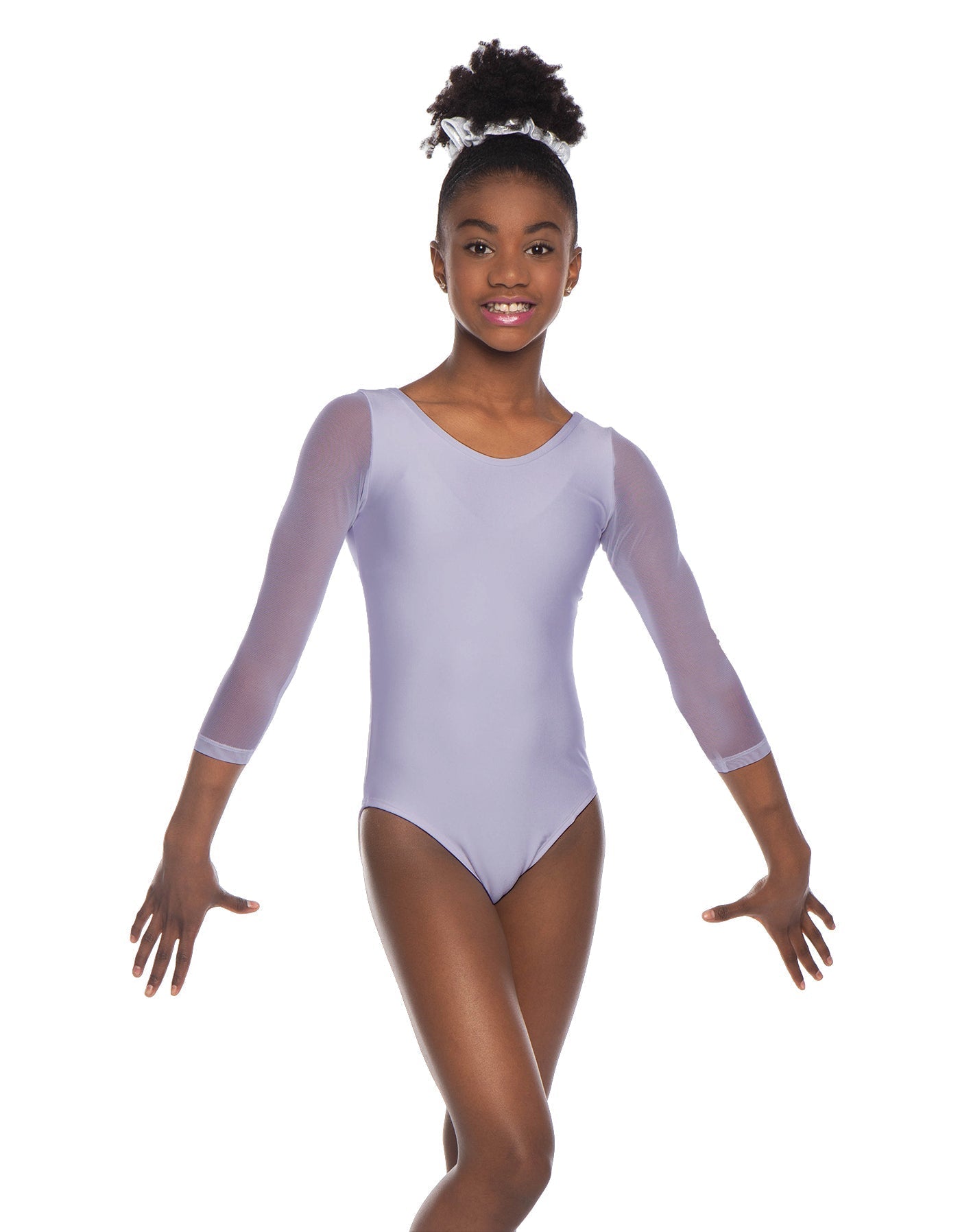 Solid Lycra Mesh 3/4 Sleeve Round Neck Leotard Gymnastics