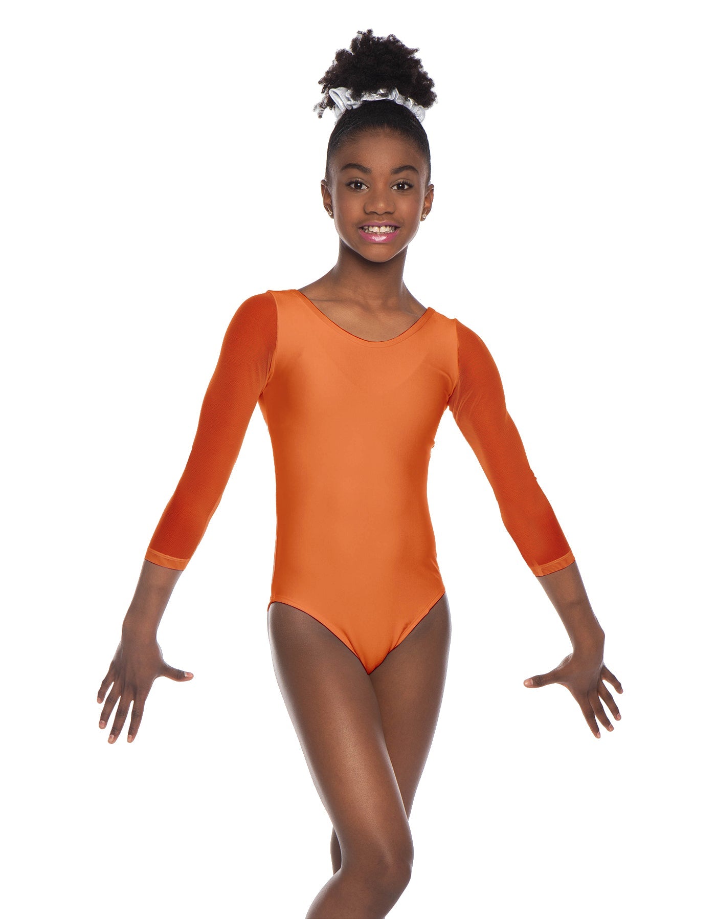 Solid Lycra Mesh 3/4 Sleeve Round Neck Leotard Gymnastics