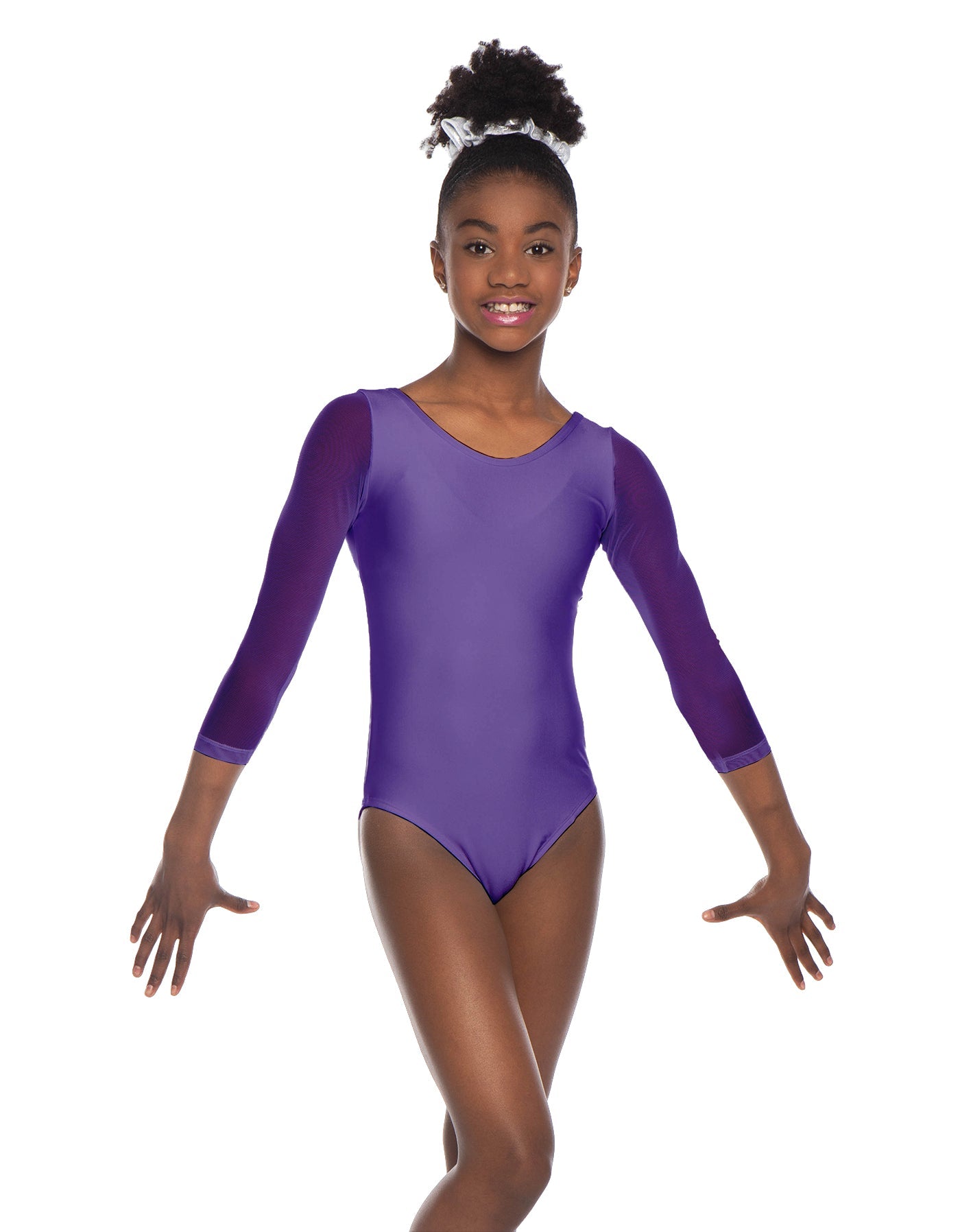 Solid Lycra Mesh 3/4 Sleeve Round Neck Leotard Gymnastics
