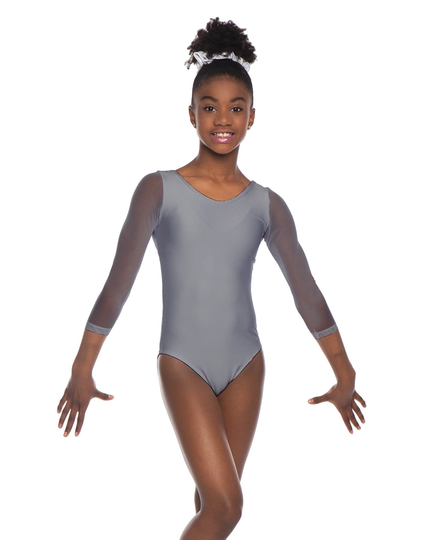 Solid Lycra Mesh 3/4 Sleeve Round Neck Leotard Gymnastics