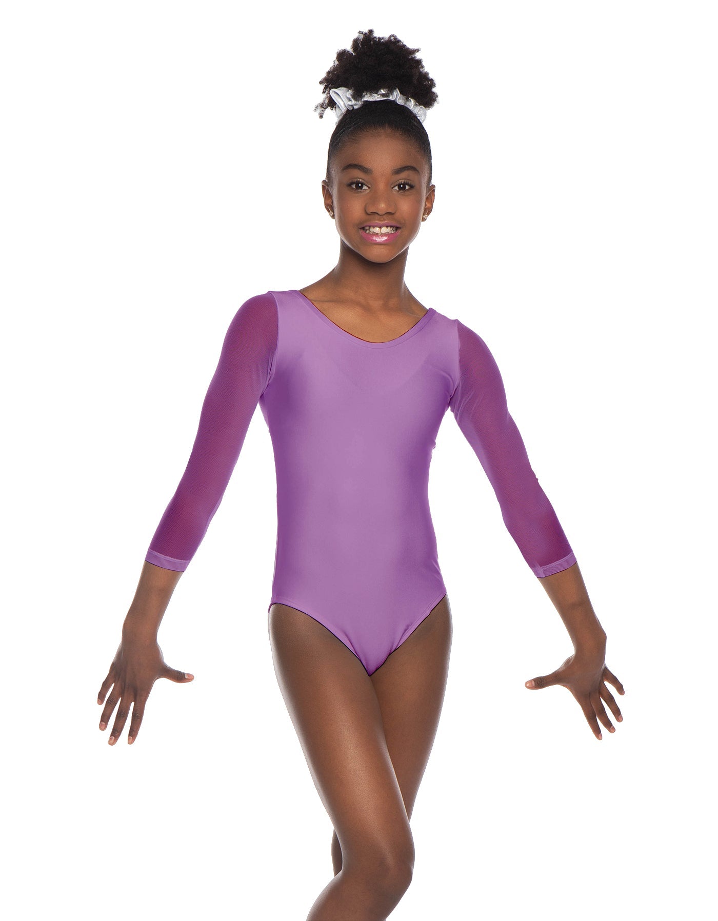 Solid Lycra Mesh 3/4 Sleeve Round Neck Leotard Gymnastics