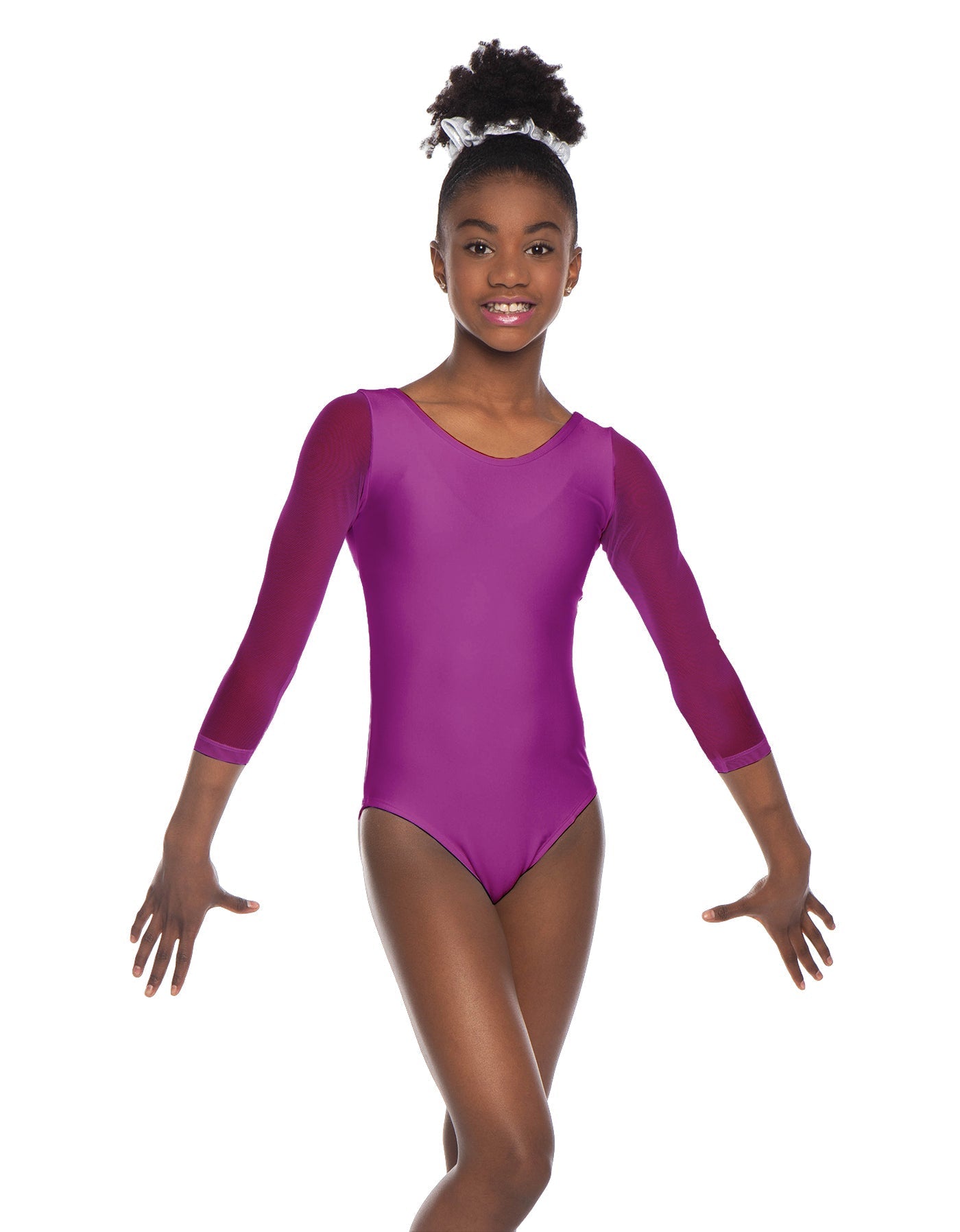 Solid Lycra Mesh 3/4 Sleeve Round Neck Leotard Gymnastics