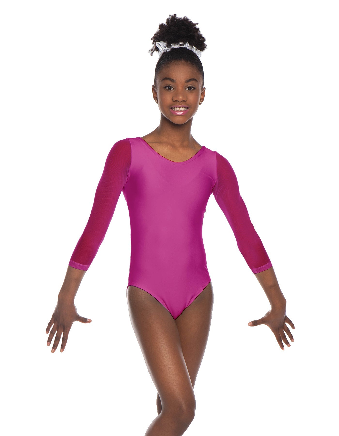 Solid Lycra Mesh 3/4 Sleeve Round Neck Leotard Gymnastics