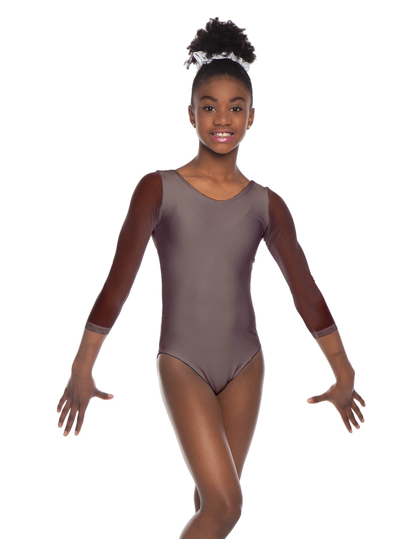 Solid Lycra Mesh 3/4 Sleeve Round Neck Leotard Gymnastics