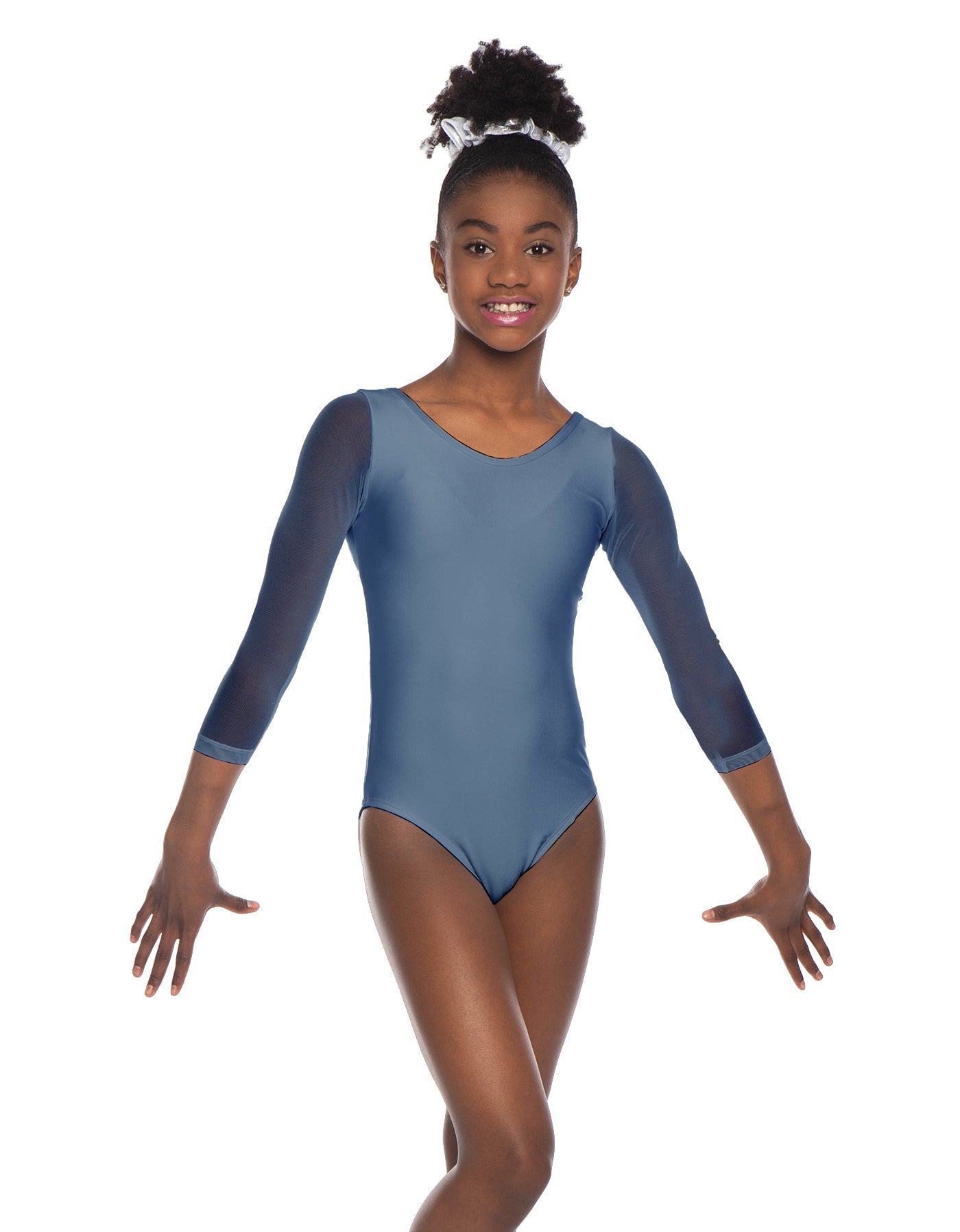 Solid Lycra Mesh 3/4 Sleeve Round Neck Leotard Gymnastics