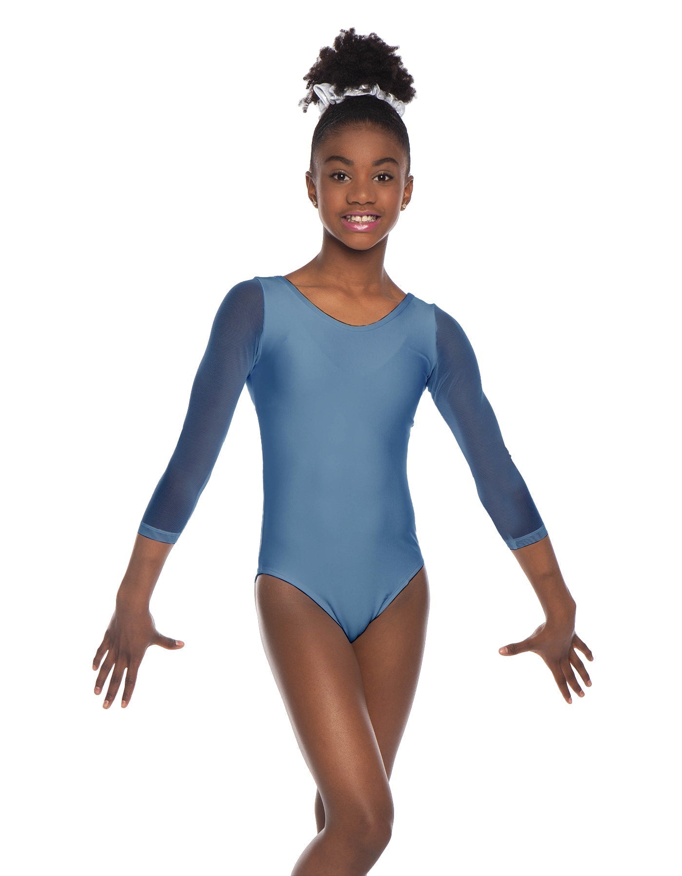 Solid Lycra Mesh 3/4 Sleeve Round Neck Leotard Gymnastics