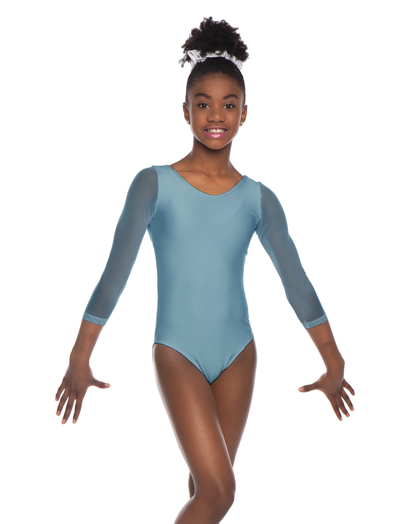 Solid Lycra Mesh 3/4 Sleeve Round Neck Leotard Gymnastics
