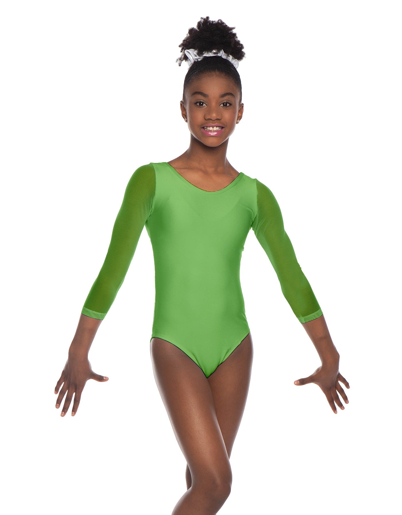 Solid Lycra Mesh 3/4 Sleeve Round Neck Leotard Gymnastics