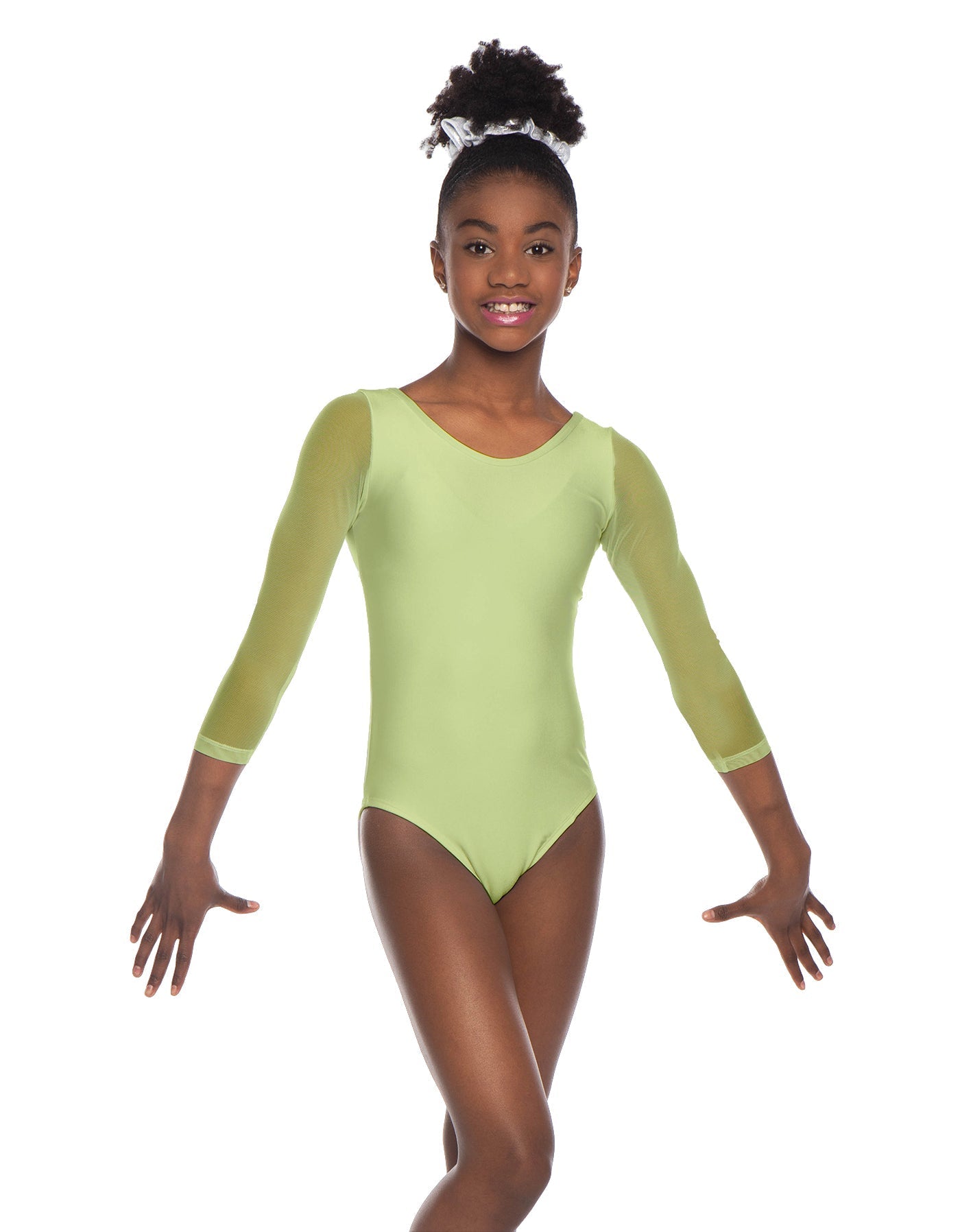 Solid Lycra Mesh 3/4 Sleeve Round Neck Leotard Gymnastics