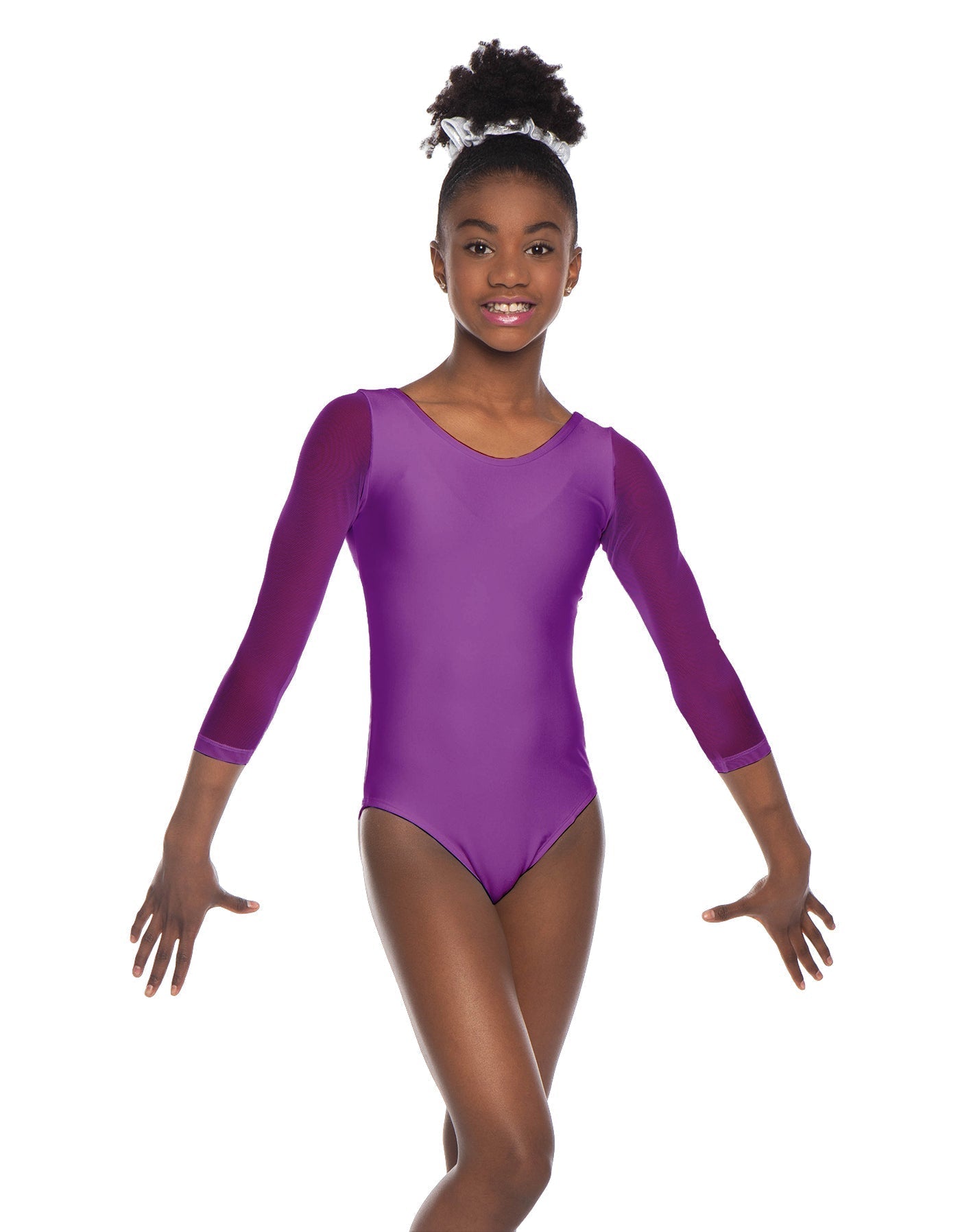 Solid Lycra Mesh 3/4 Sleeve Round Neck Leotard Gymnastics