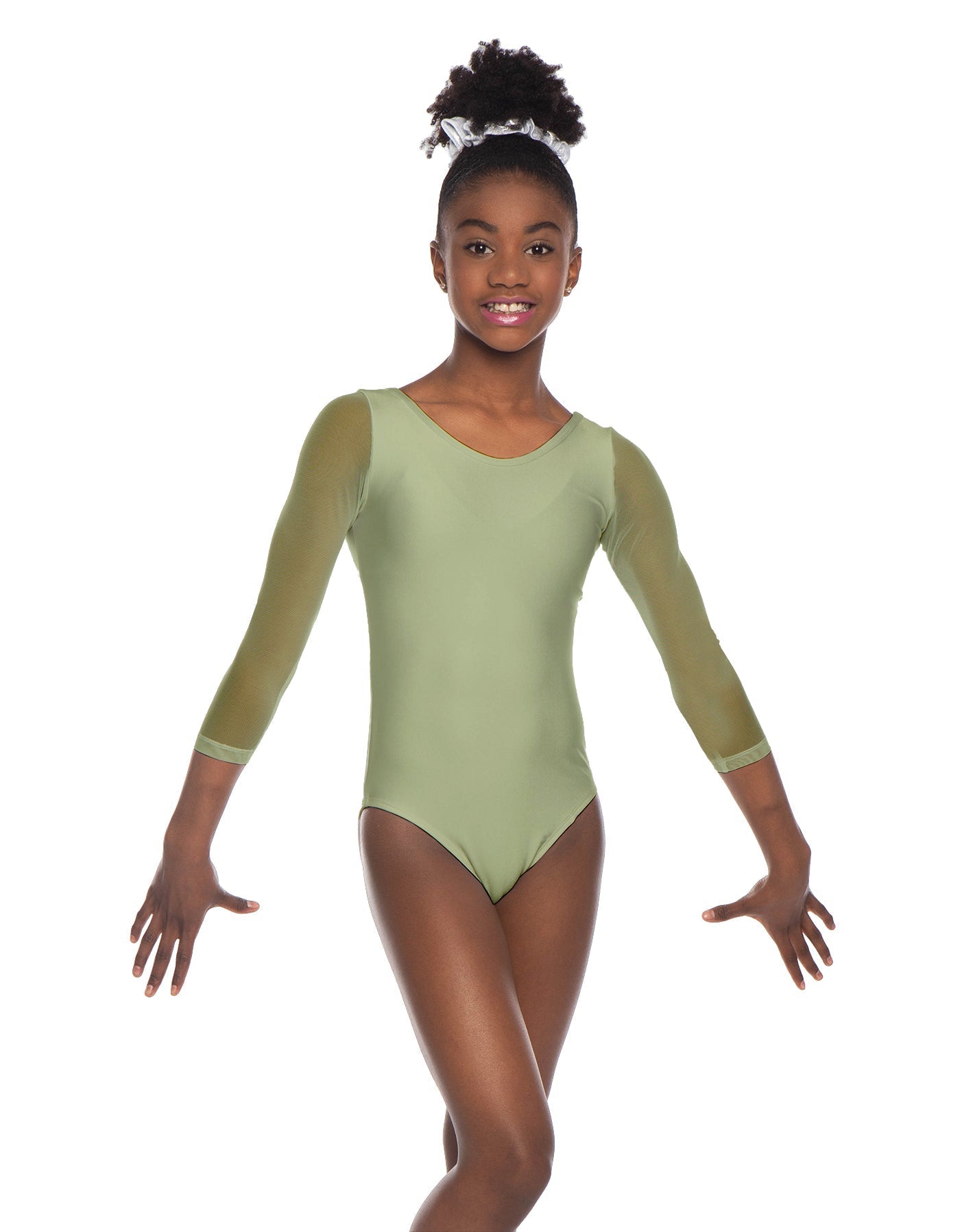 Solid Lycra Mesh 3/4 Sleeve Round Neck Leotard Gymnastics