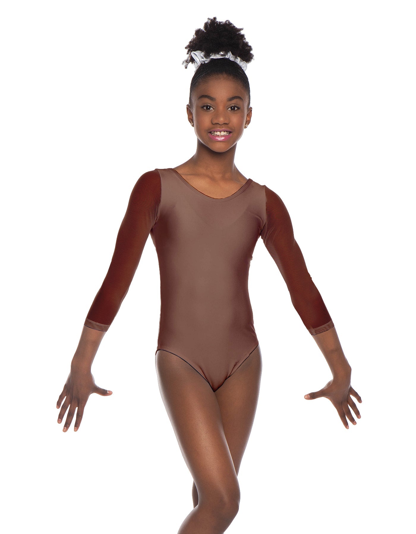 Solid Lycra Mesh 3/4 Sleeve Round Neck Leotard Gymnastics