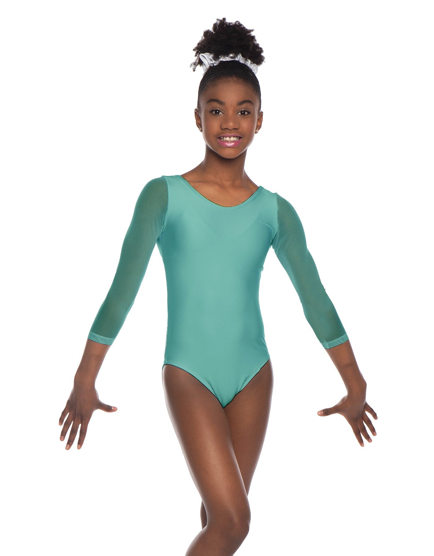 Solid Lycra Mesh 3/4 Sleeve Round Neck Leotard Gymnastics