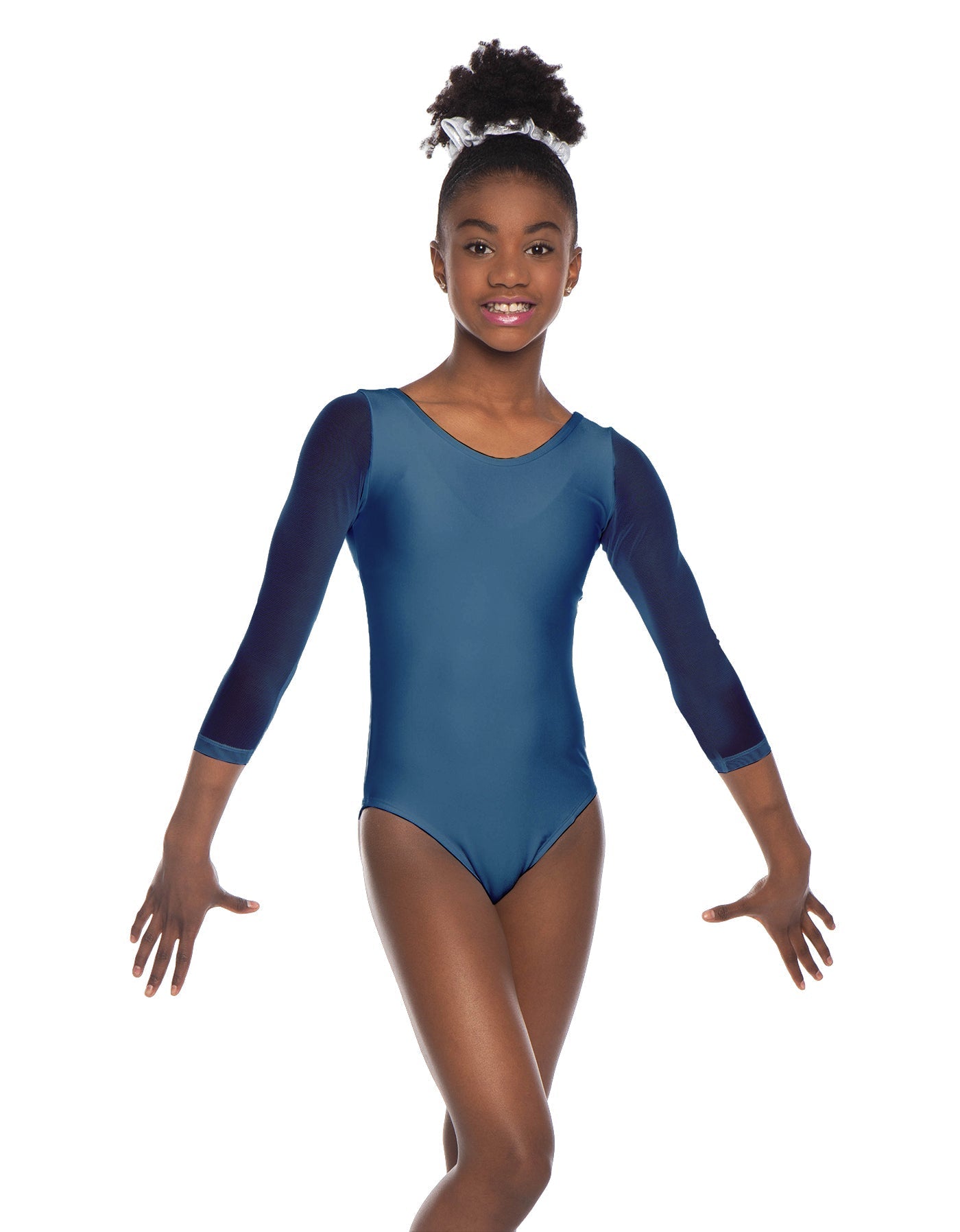 Solid Lycra Mesh 3/4 Sleeve Round Neck Leotard Gymnastics