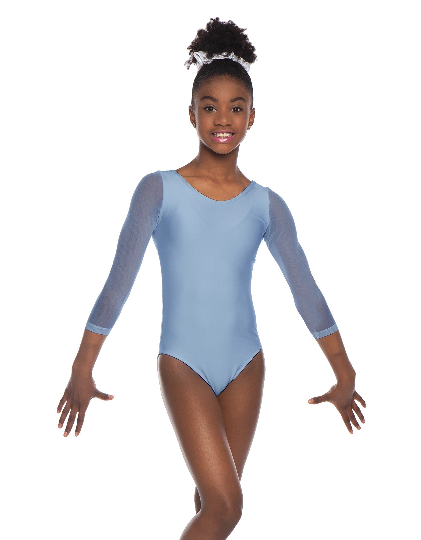 Solid Lycra Mesh 3/4 Sleeve Round Neck Leotard Gymnastics