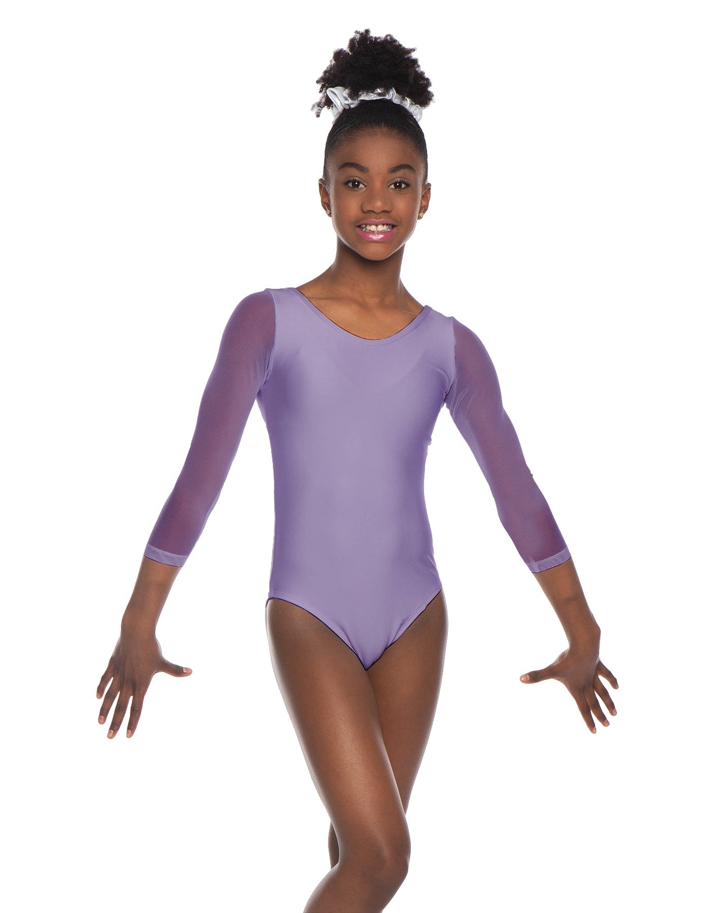 Solid Lycra Mesh 3/4 Sleeve Round Neck Leotard Gymnastics