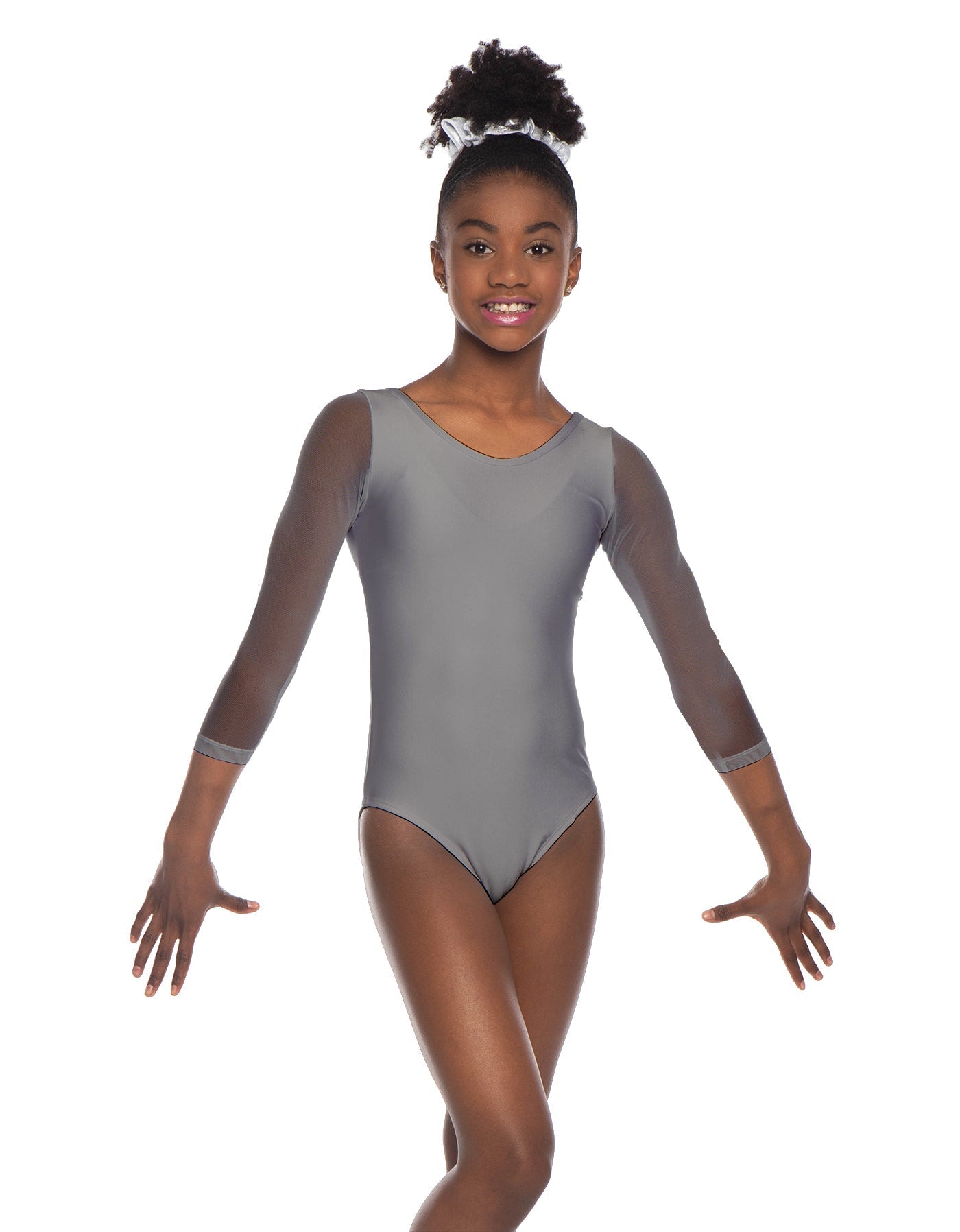 Solid Lycra Mesh 3/4 Sleeve Round Neck Leotard Gymnastics