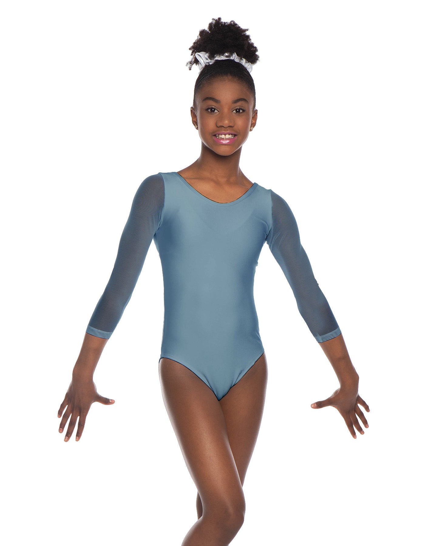 Solid Lycra Mesh 3/4 Sleeve Round Neck Leotard Gymnastics
