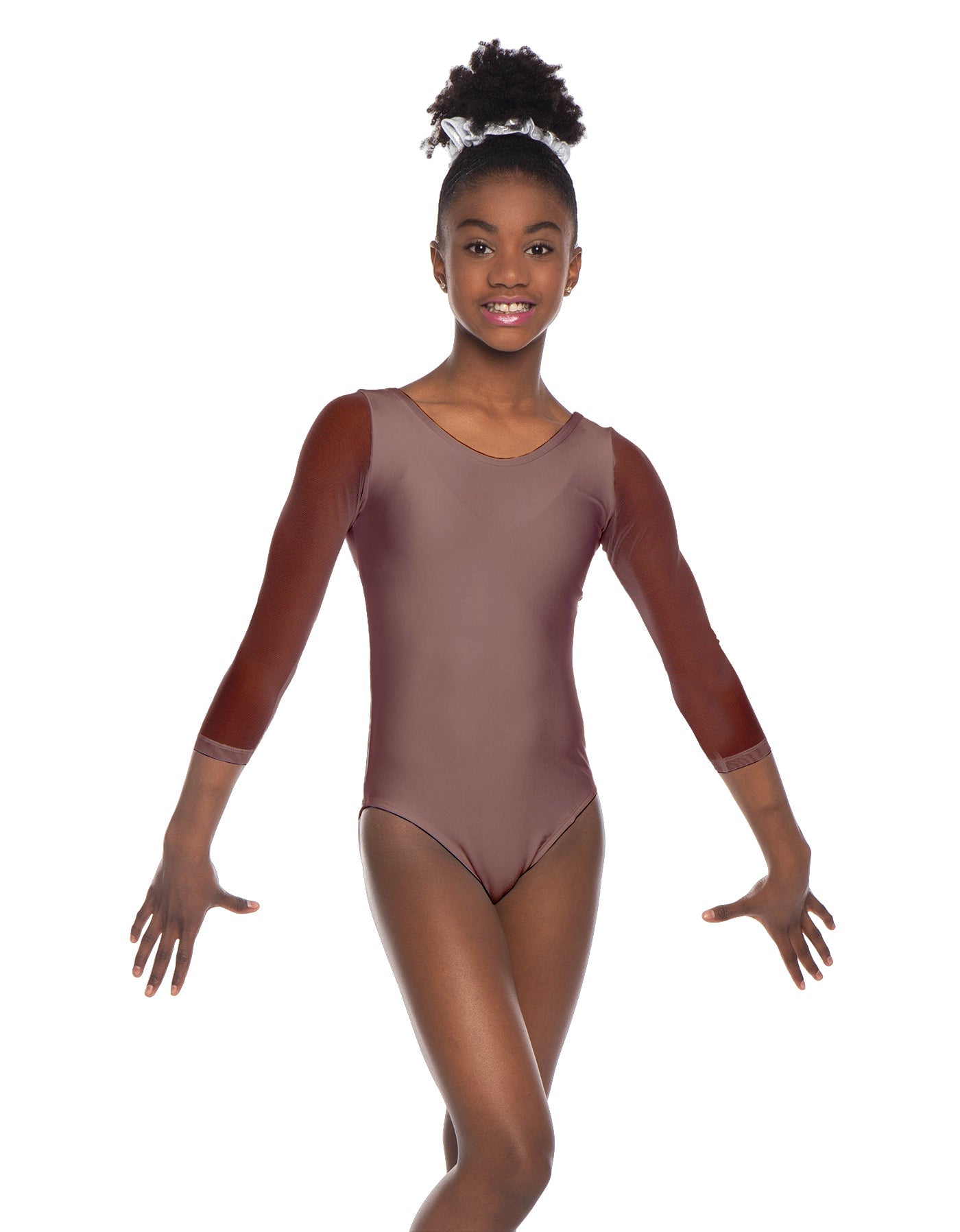 Solid Lycra Mesh 3/4 Sleeve Round Neck Leotard Gymnastics