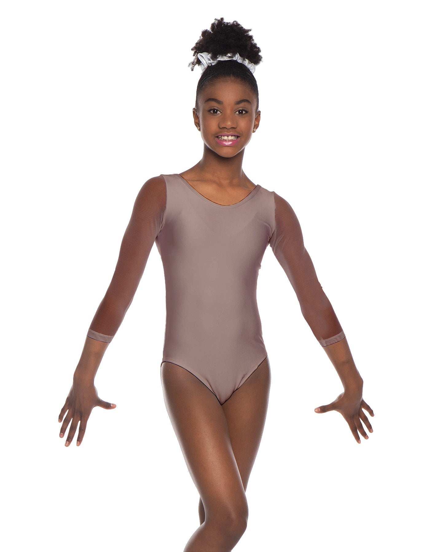 Solid Lycra Mesh 3/4 Sleeve Round Neck Leotard Gymnastics