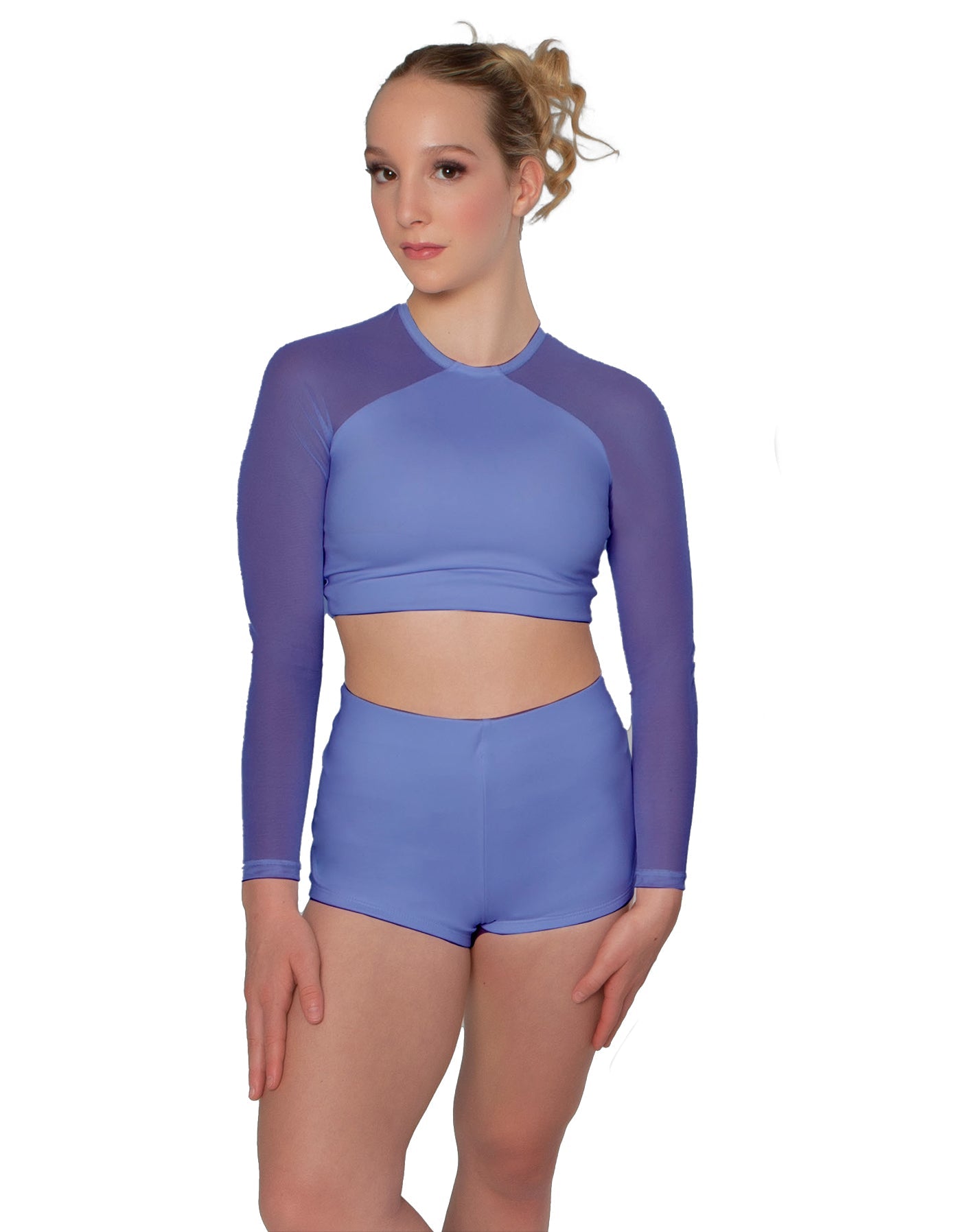 Solid Lycra LS Mesh Raglan Keyhole back Crop Top