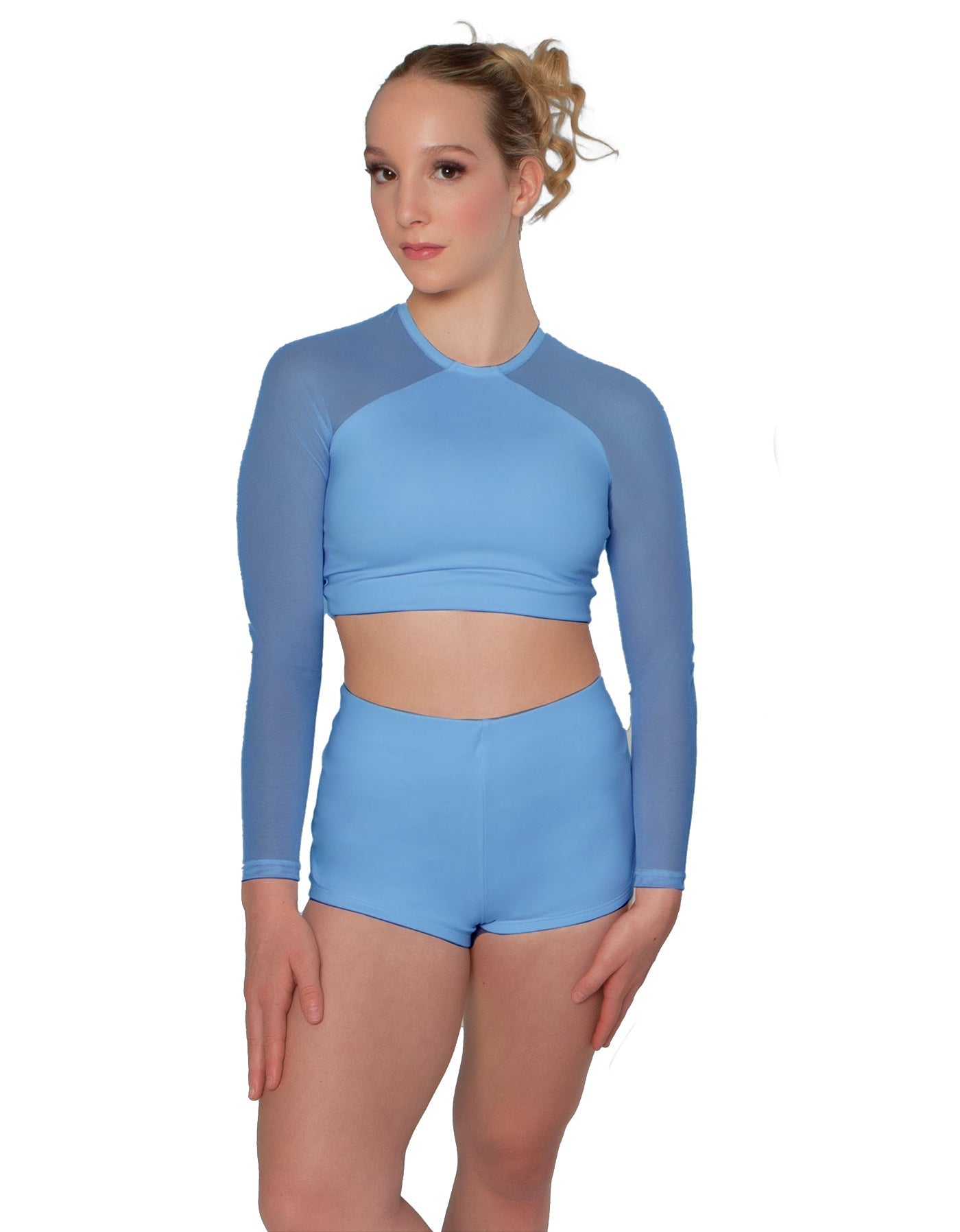 Solid Lycra LS Mesh Raglan Keyhole back Crop Top