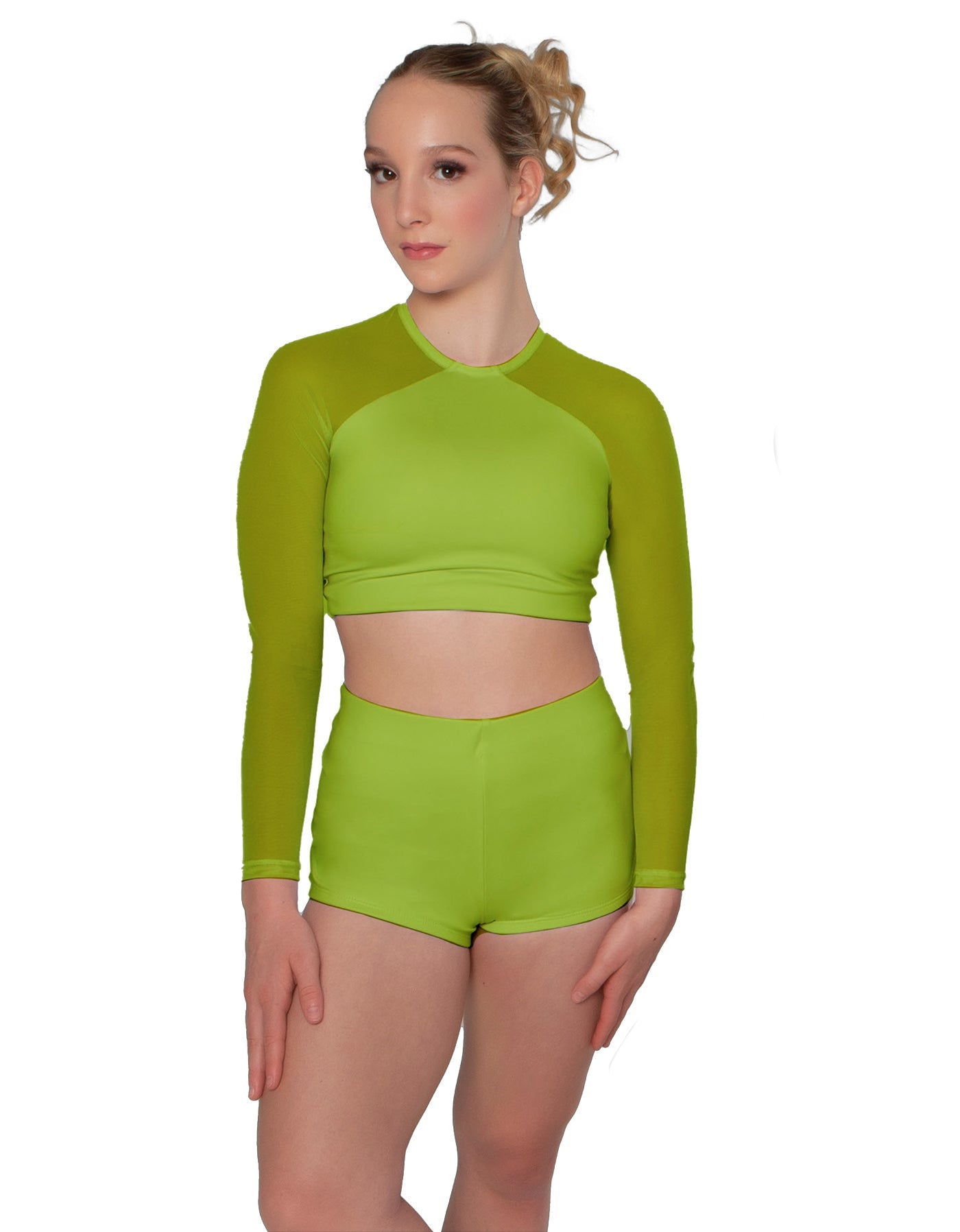 Solid Lycra LS Mesh Raglan Keyhole back Crop Top