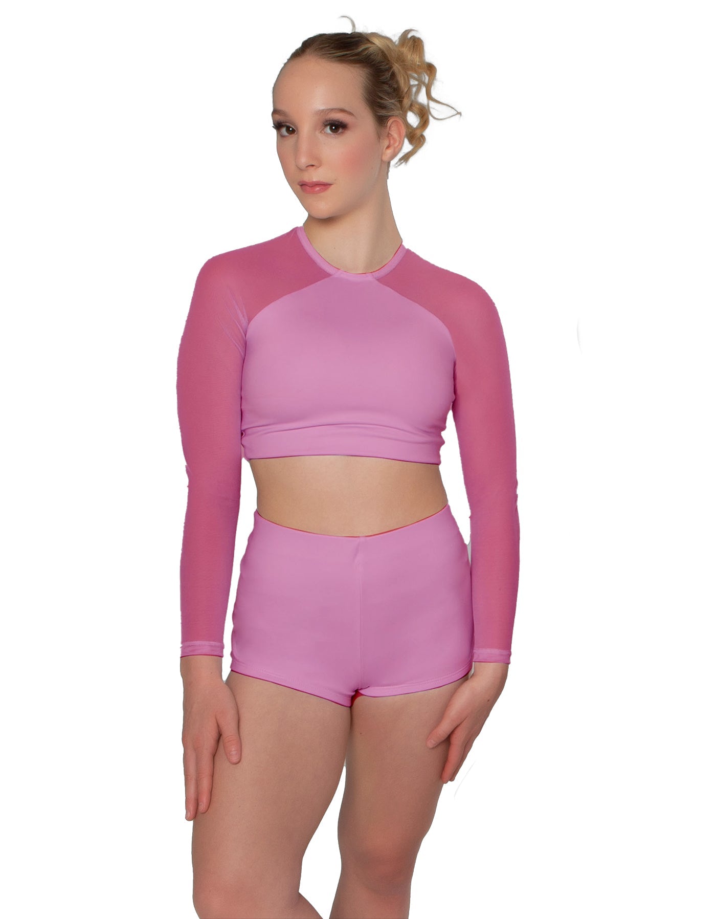 Solid Lycra LS Mesh Raglan Keyhole back Crop Top