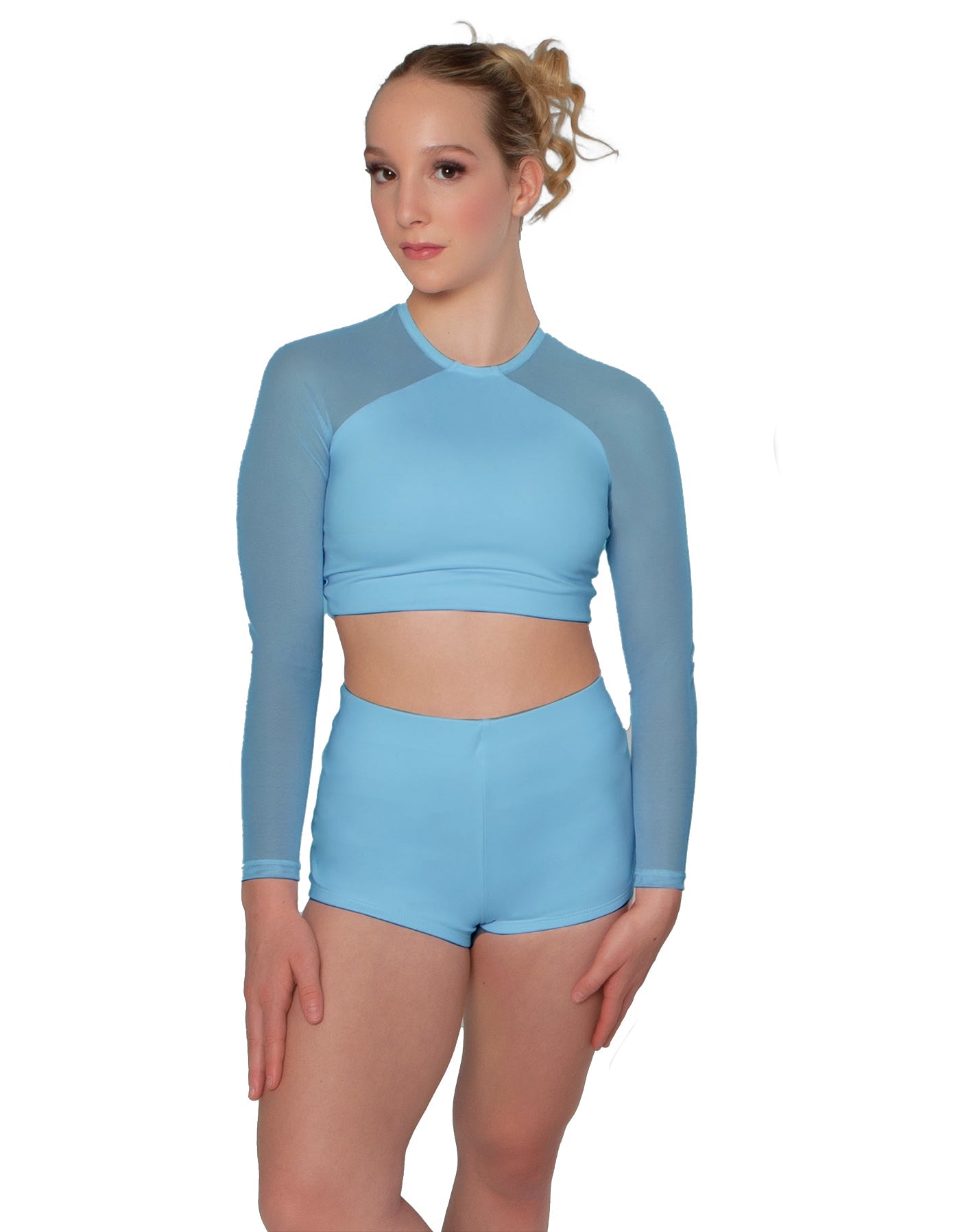 Solid Lycra LS Mesh Raglan Keyhole back Crop Top