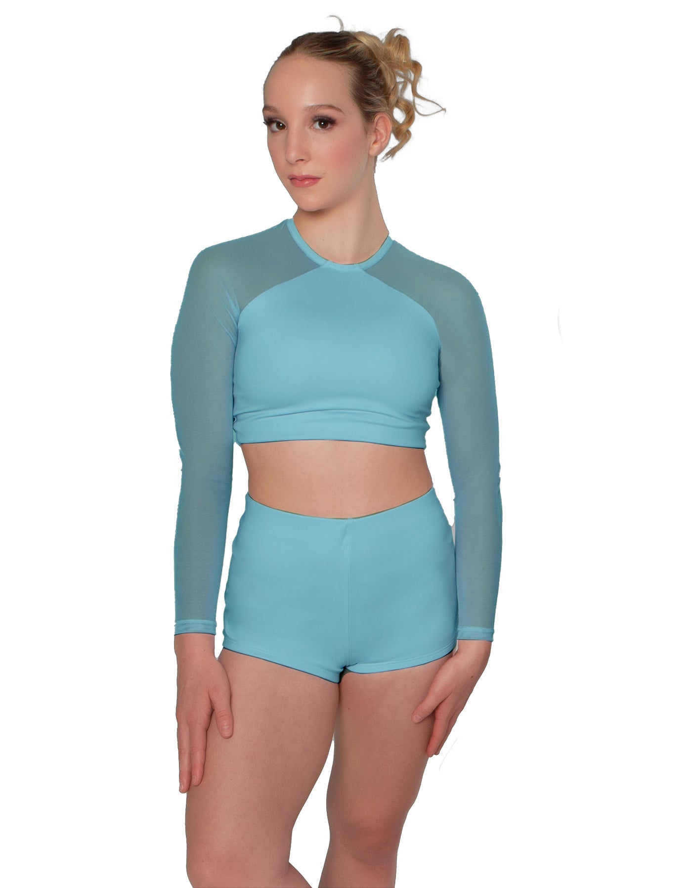 Solid Lycra LS Mesh Raglan Keyhole back Crop Top
