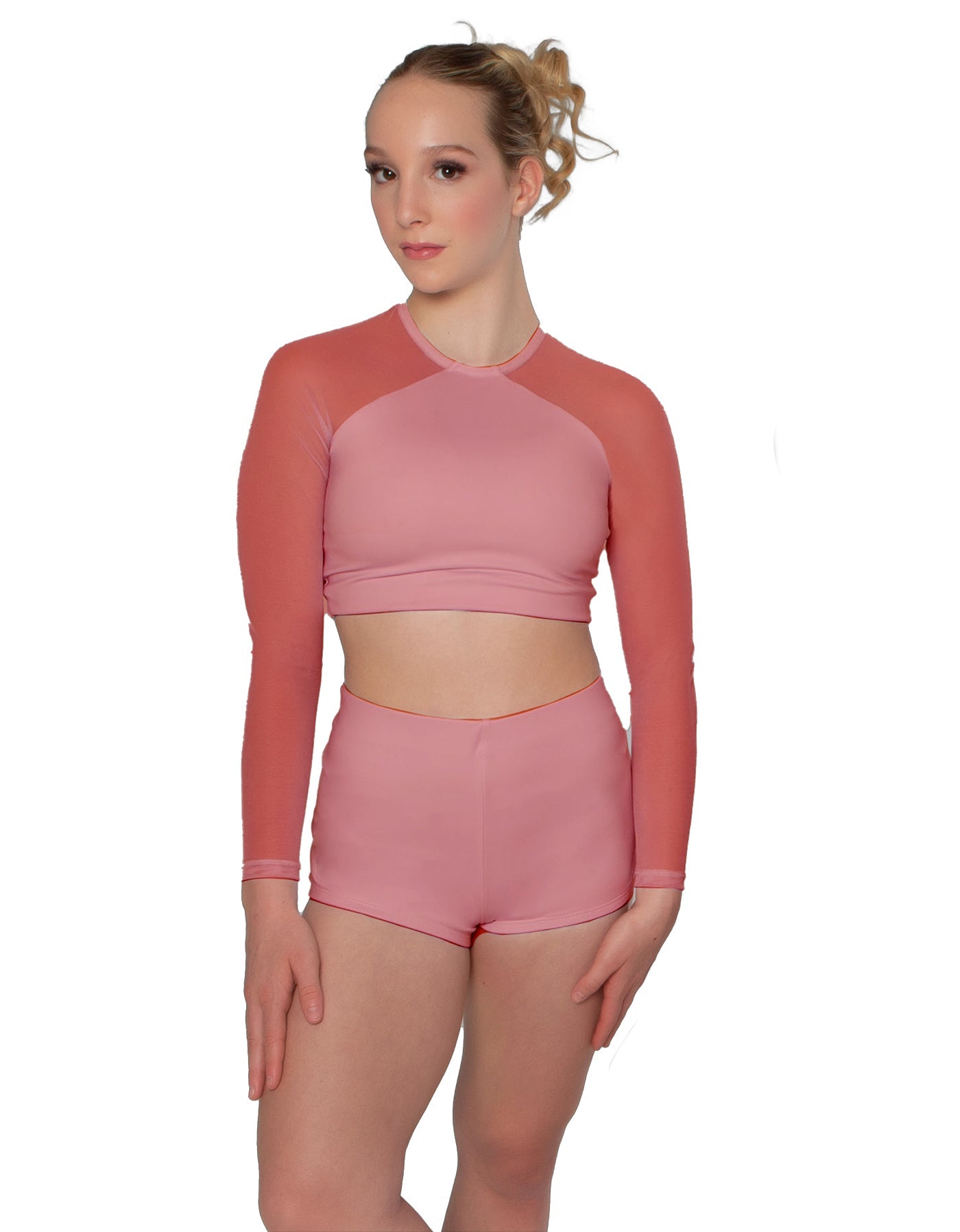 Solid Lycra LS Mesh Raglan Keyhole back Crop Top