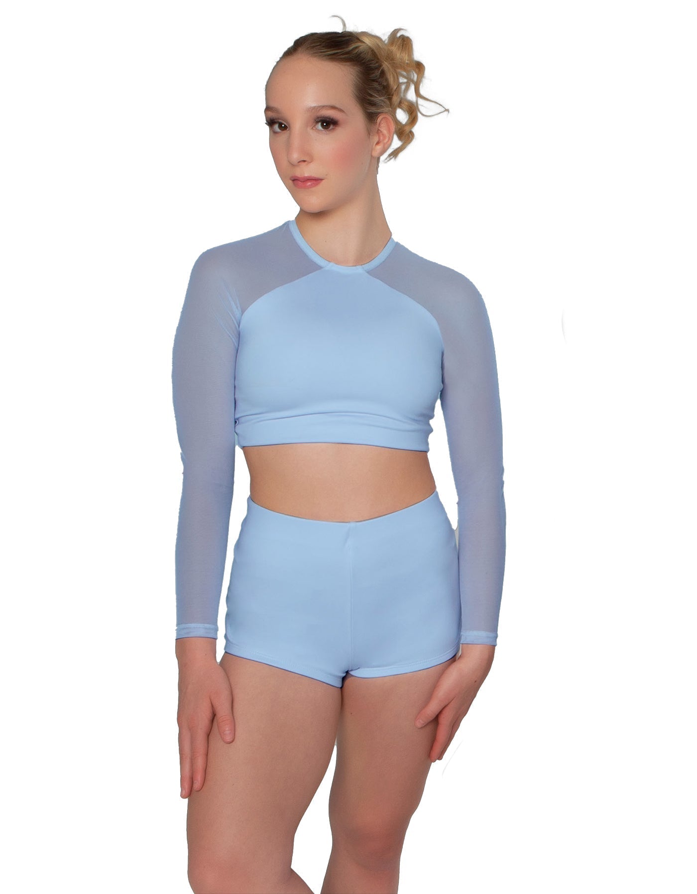 Solid Lycra LS Mesh Raglan Keyhole back Crop Top