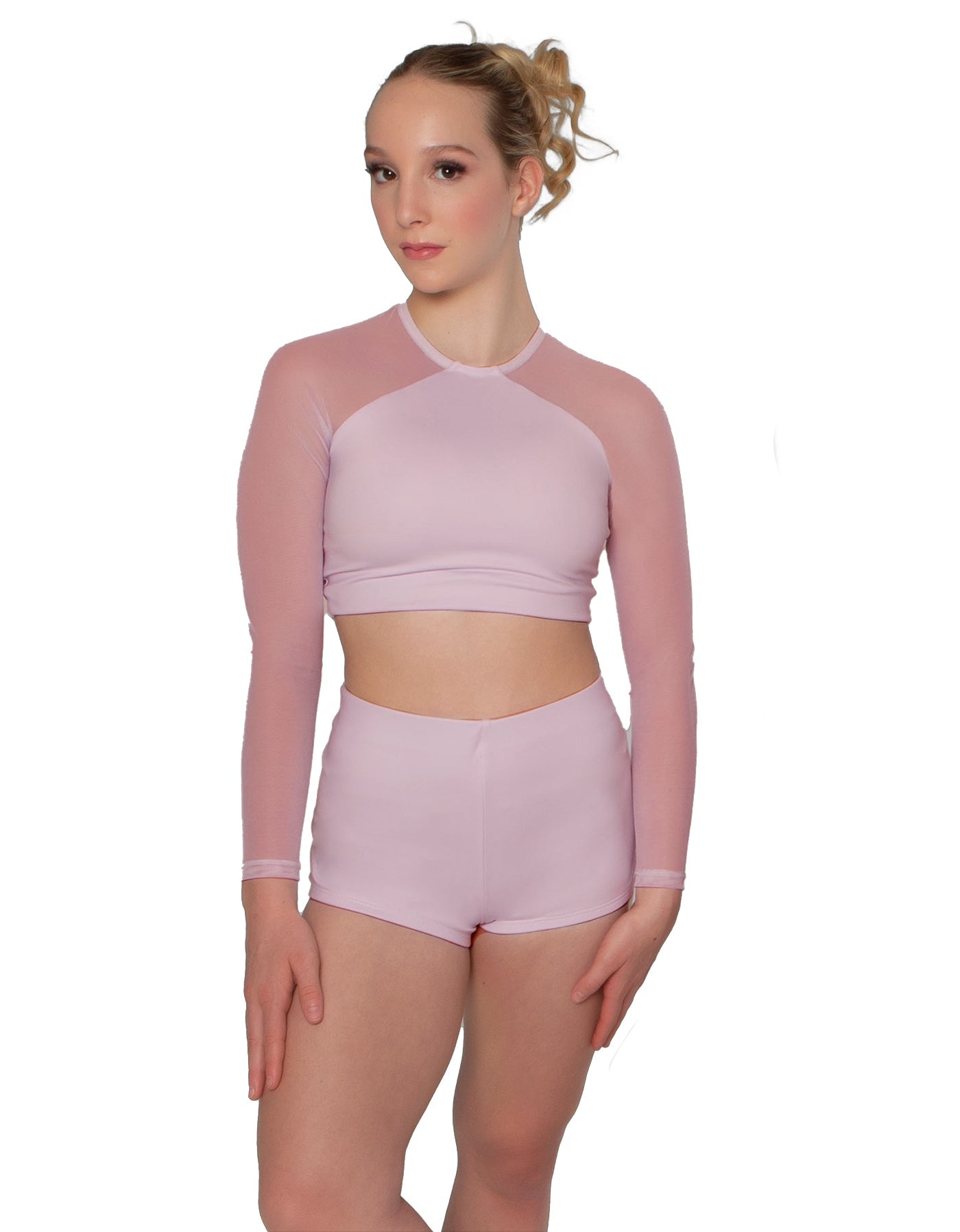 Solid Lycra LS Mesh Raglan Keyhole back Crop Top