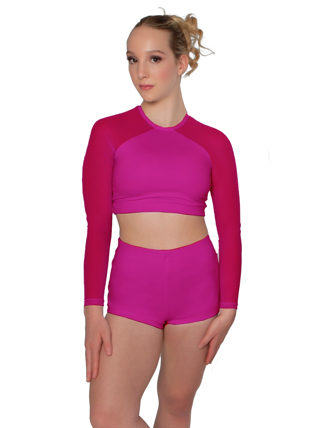Solid Lycra LS Mesh Raglan Keyhole back Crop Top