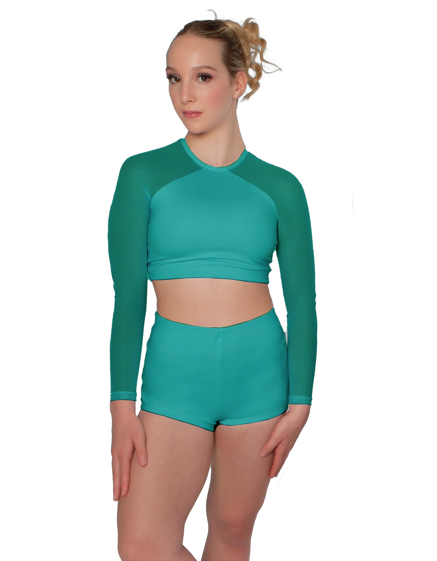 Solid Lycra LS Mesh Raglan Keyhole back Crop Top