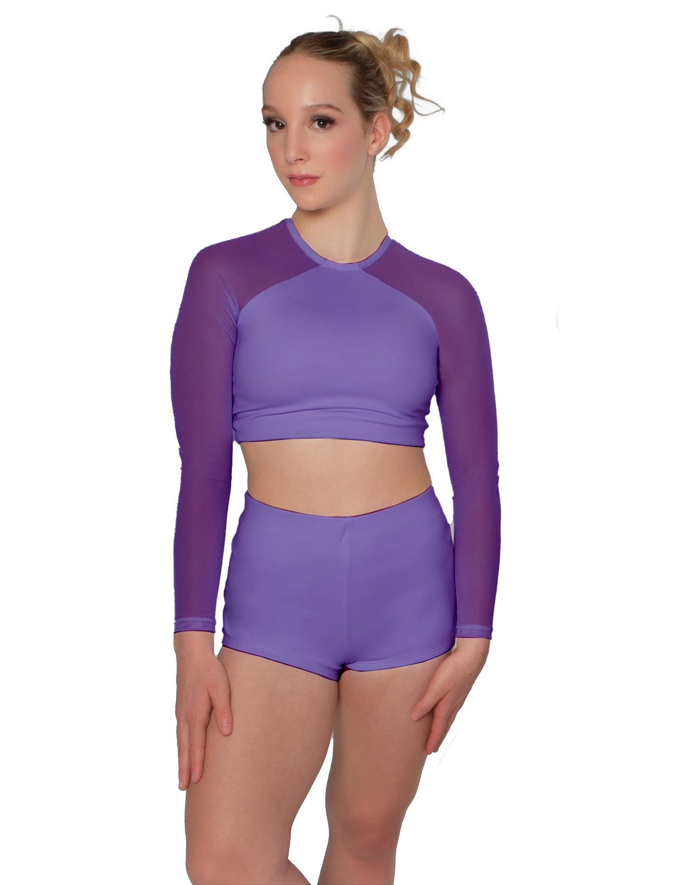 Solid Lycra LS Mesh Raglan Keyhole back Crop Top