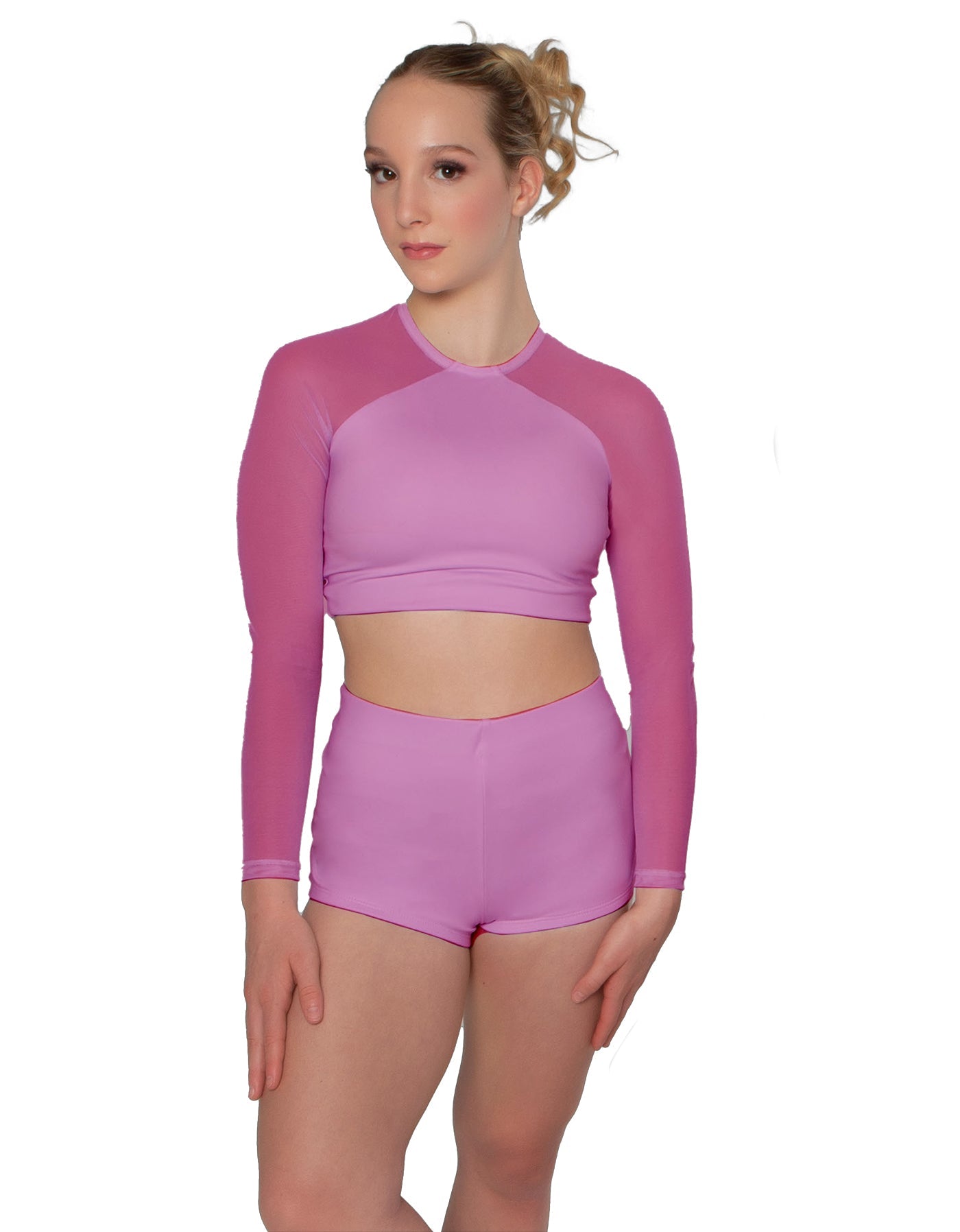 Solid Lycra LS Mesh Raglan Keyhole back Crop Top