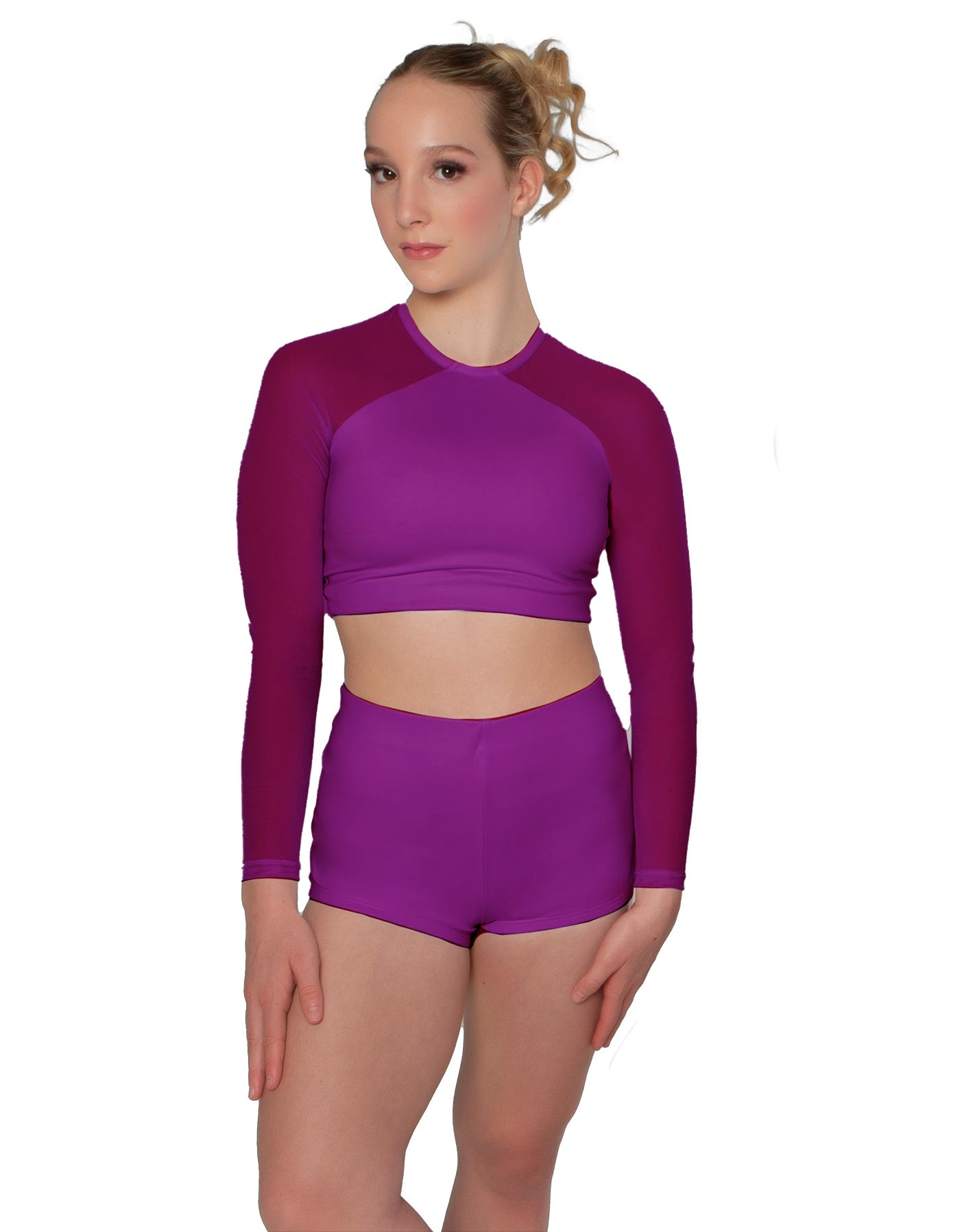 Solid Lycra LS Mesh Raglan Keyhole back Crop Top