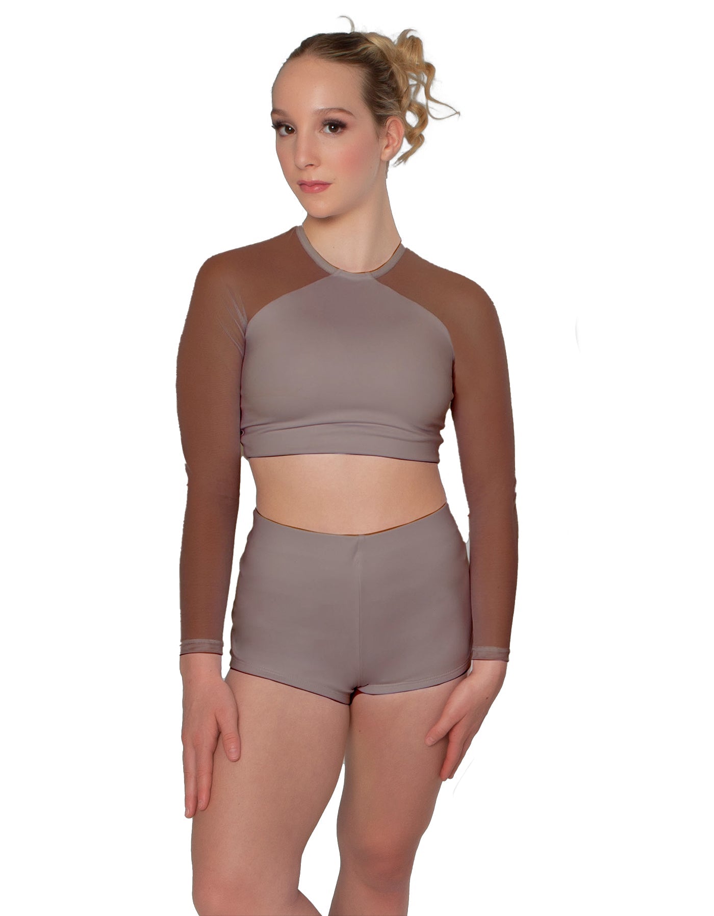 Solid Lycra LS Mesh Raglan Keyhole back Crop Top